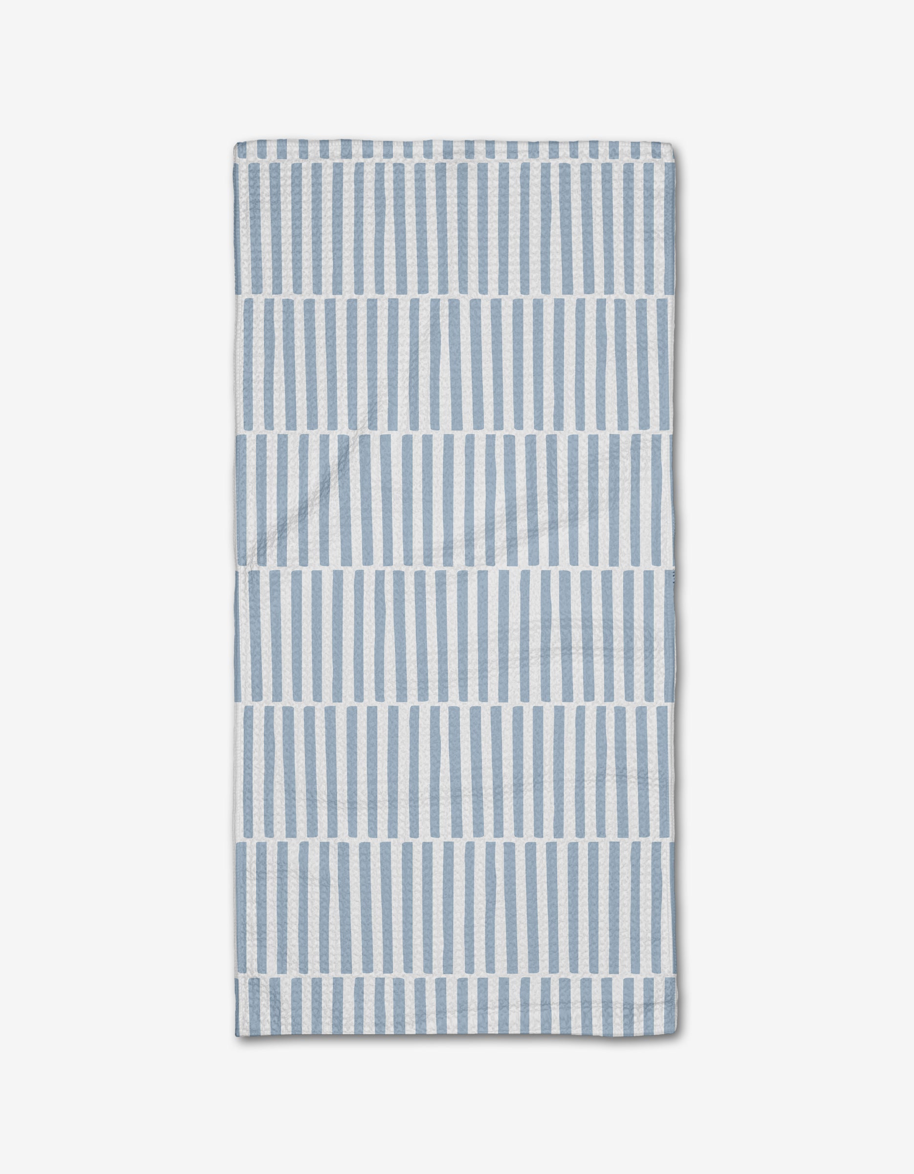 The Blue Stripes Bar Towel by Aubrey Fairchild features vertical blue and white stripes in horizontal bands on a white background, crafted from Geoweave fabric and neatly folded on a white surface.