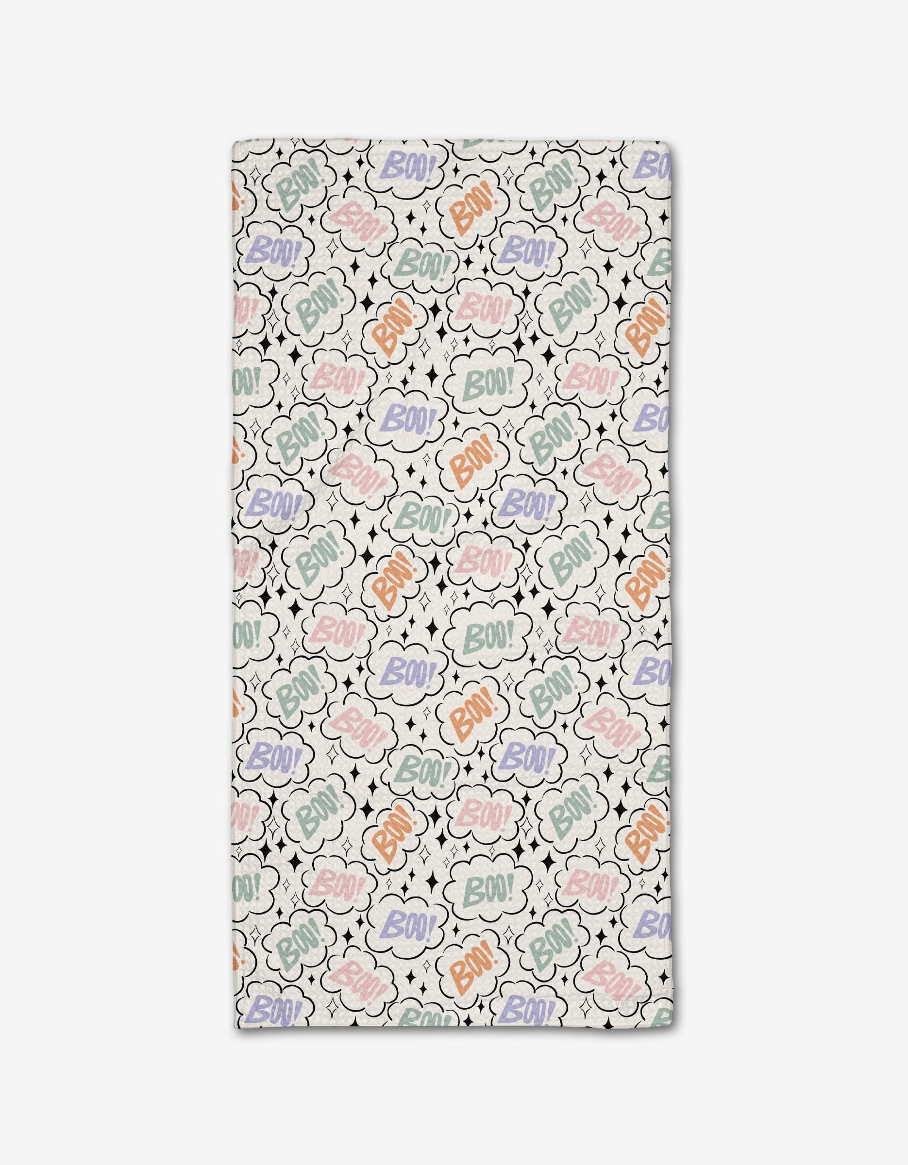 The Boo Burst Bar Towel by Charlie Rowan Designs is made from eco-friendly Geoweave fabric and showcases colorful comic-inspired words in speech bubbles with black star accents on a white background.