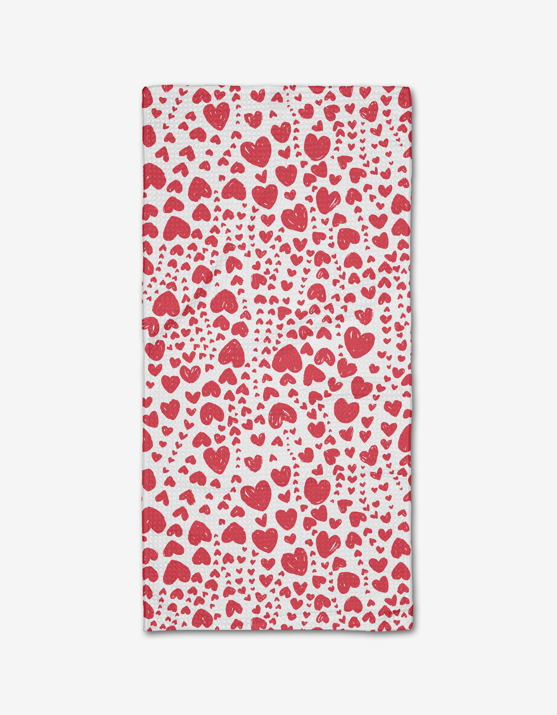 The Bubble Hearts Bar Towel by Hufton Studio features a white rectangular design with red hand-drawn hearts in various sizes, closely arranged across the ultra-absorbent Geoweave™ fabric.