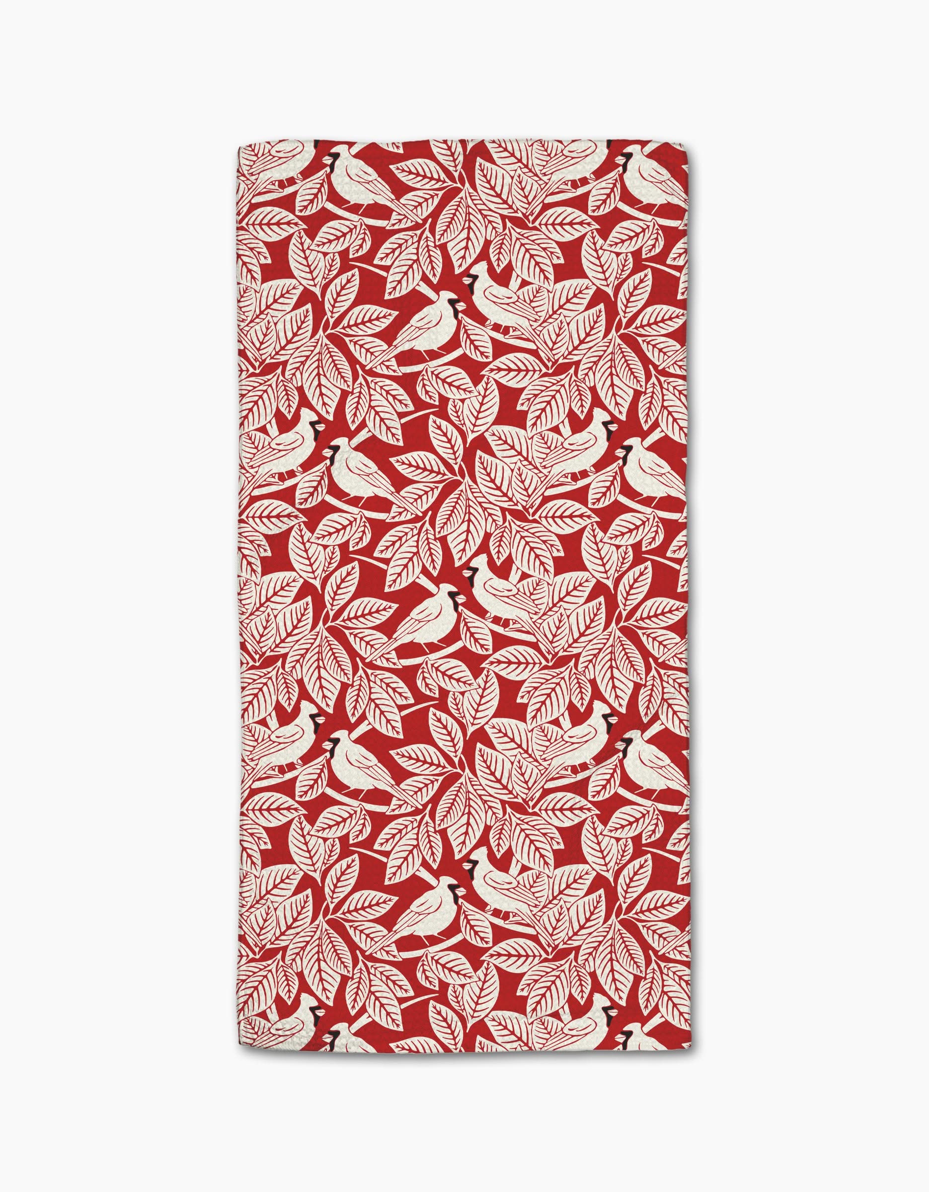 The Cardinal Canopy bar towel by Sarah Daugherty features a crisp white background with a bold red and white repeating pattern of leaves and birds, creating an ultra-absorbent, stylish rectangular design.