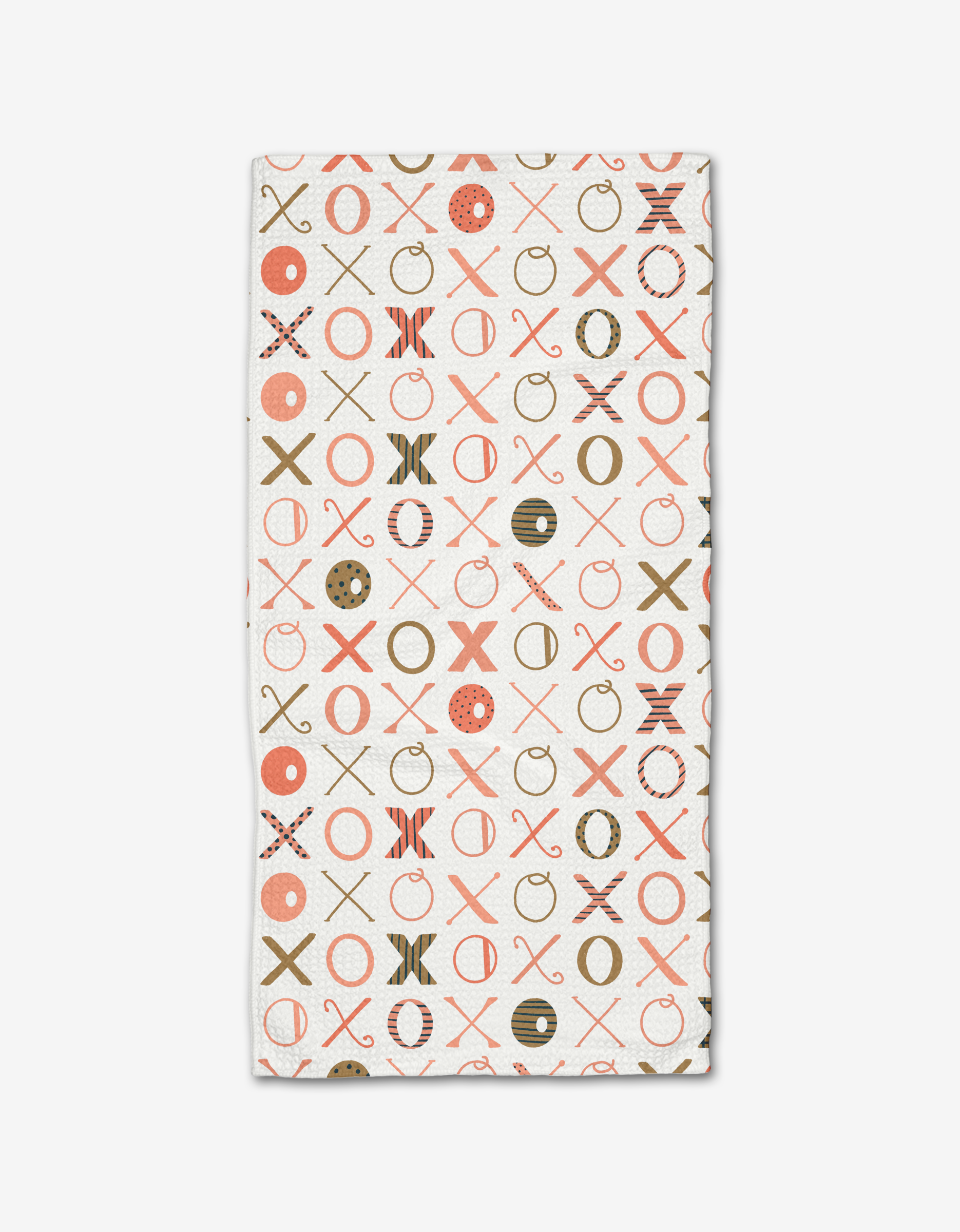 The Carys Light rectangular bar towel by Amy MacCready is made from recycled Geoweave fabric and showcases a repeating X and O pattern in red, brown, and beige on white for stylish sustainability.