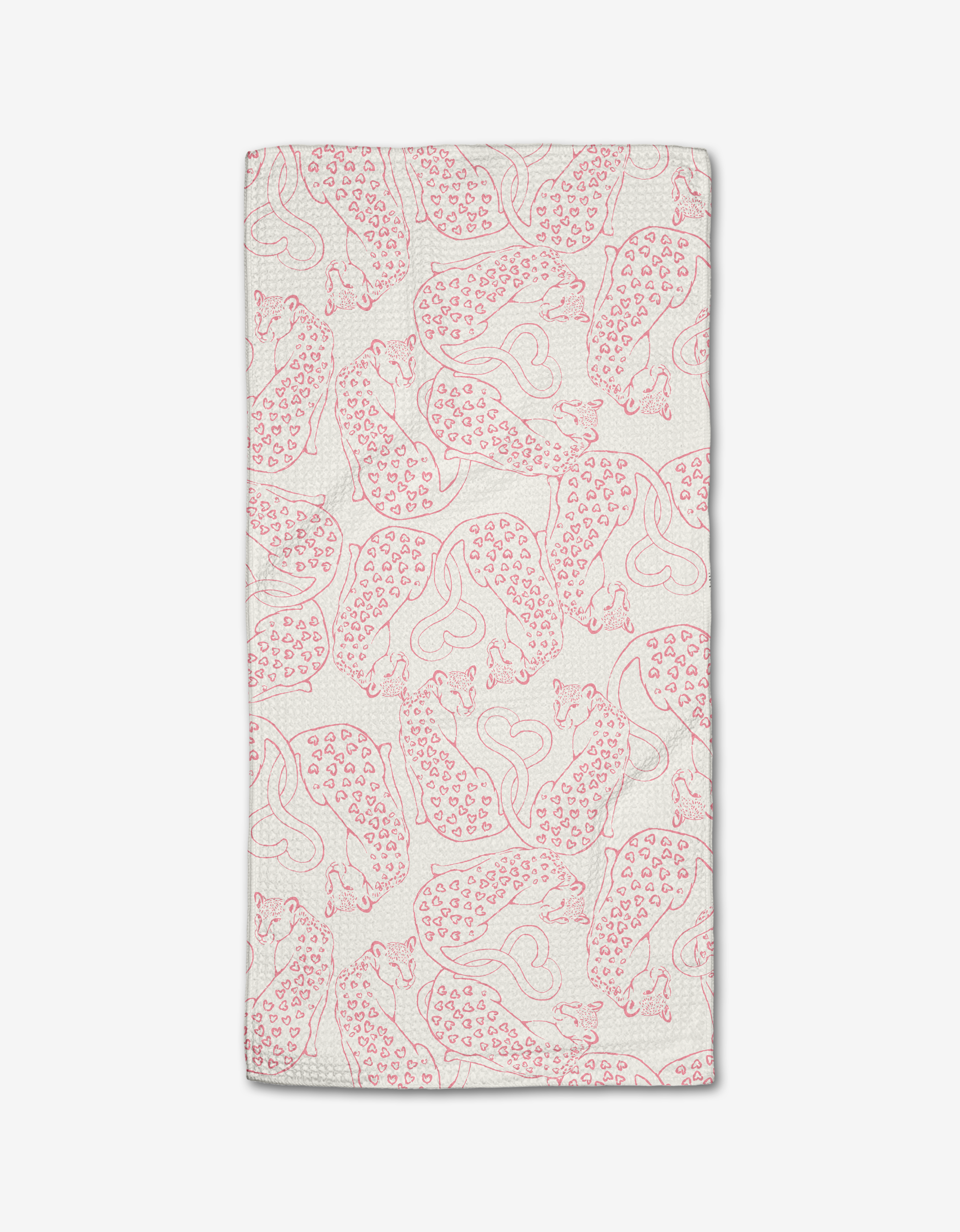 The Cat Lover bar towel by Hufton Studio is a white rectangle made from Geoweave fabric, featuring a repeating pattern of red, stylized cheetahs in various poses with minimalistic outlines.