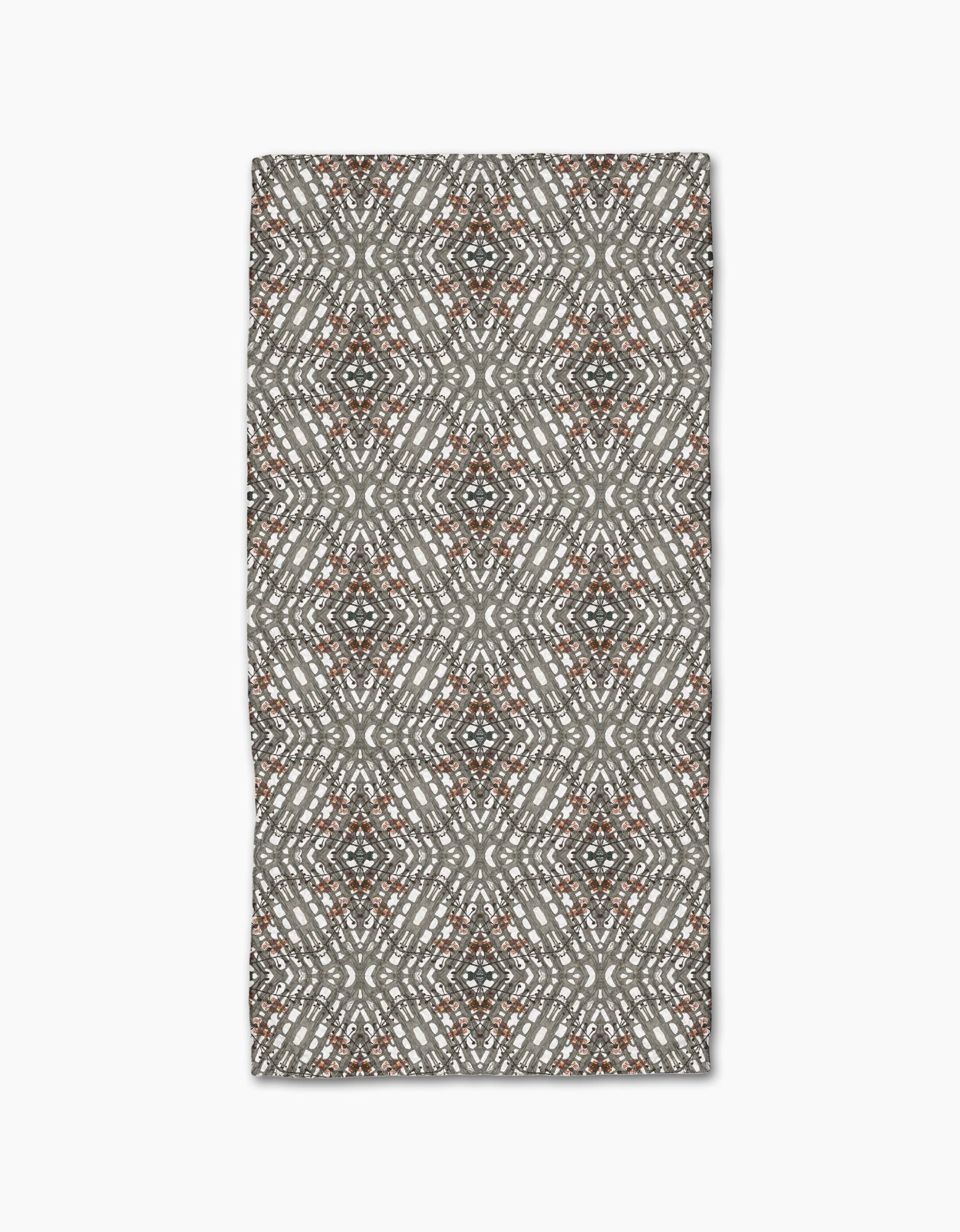 The Katherine Berkeley Cha Cha Interchange is a rectangular bar towel with a geometric diamond and dot pattern in gray, black, and brown Geoweave fabric, shown flat on a white background.