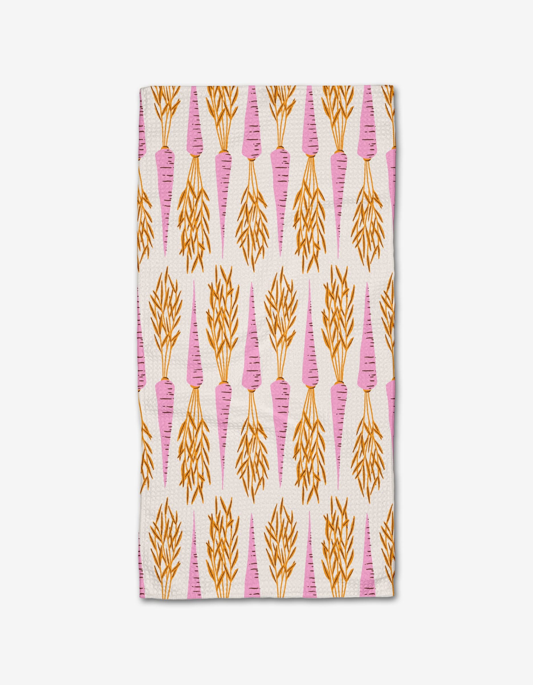 The Chantenay Bar Towel by Amy MacCready is made of ultra-absorbent Geoweave fabric and features a repeating pink carrot pattern with orange leafy tops on a white background.