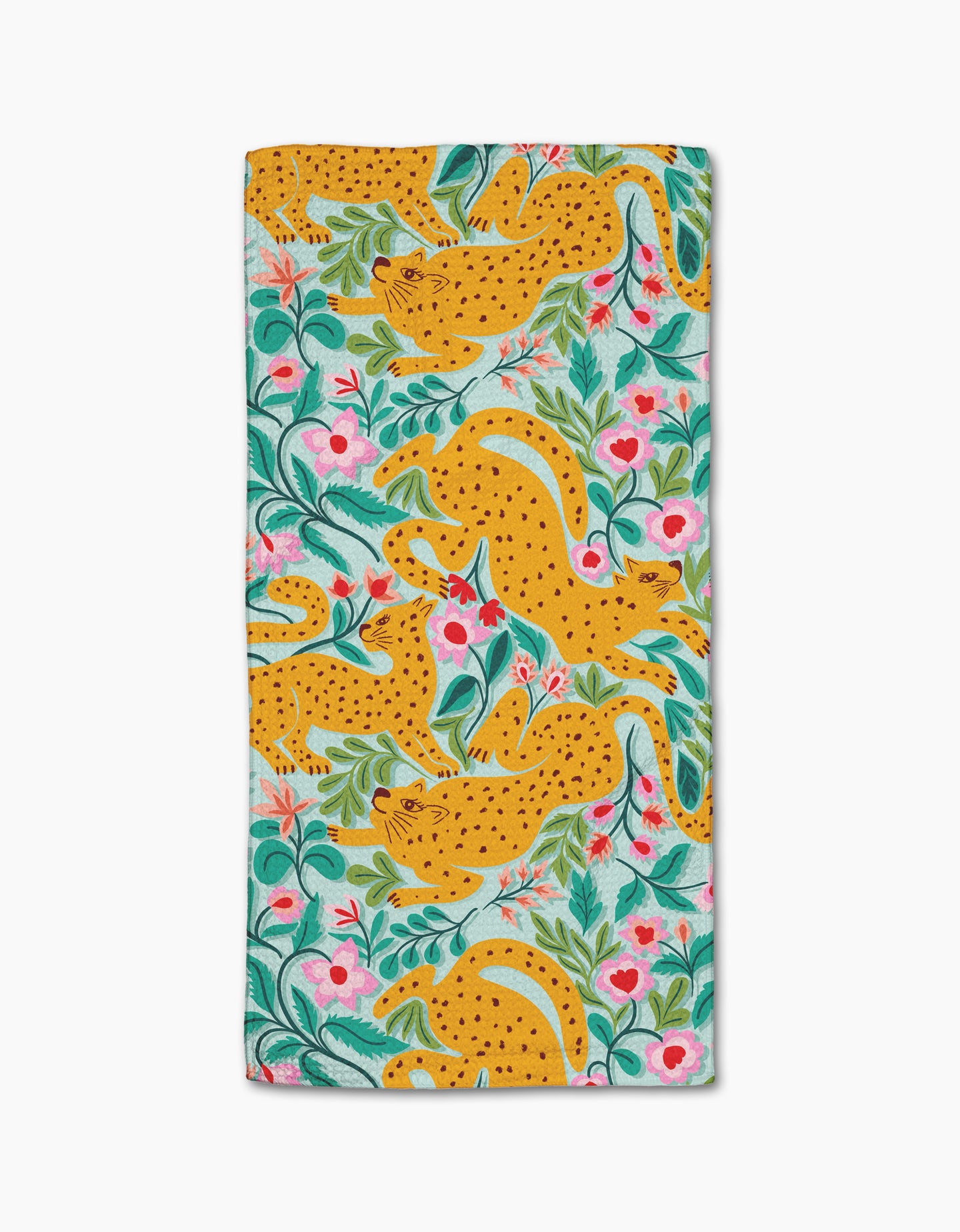 Cheetah Haven by Jasmine Blooms Designs is a rectangular ultra-absorbent towel made from recycled materials, featuring yellow cheetahs, green leaves, and pink flowers on a light blue background for vibrant, eco-friendly style.