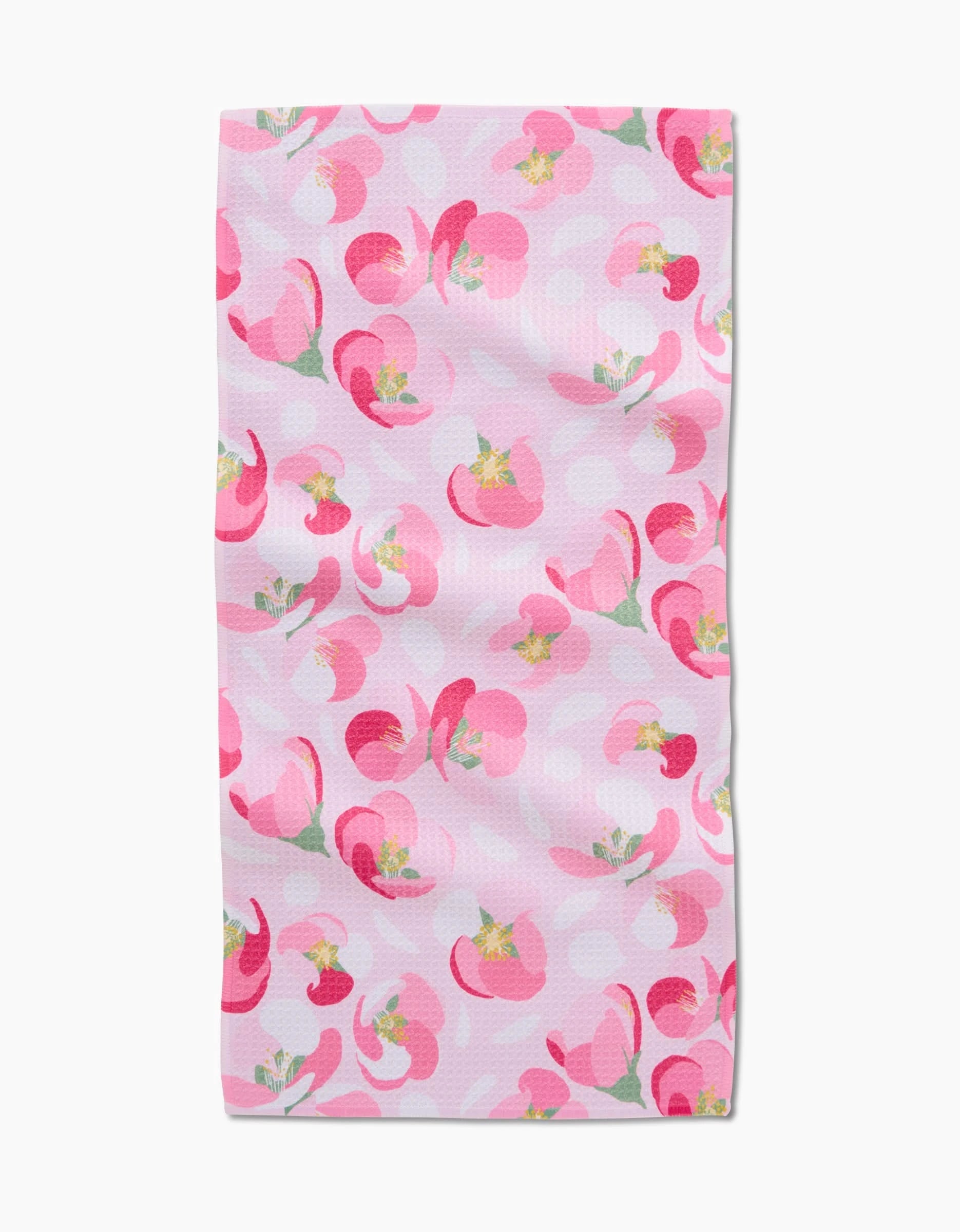 The Cherry Blossom Bar Towel by Rebecca Bobko is crafted from Geoweave fabric and features a pink background with overlapping pink, red, and white abstract floral shapes, plus hints of green and yellow.