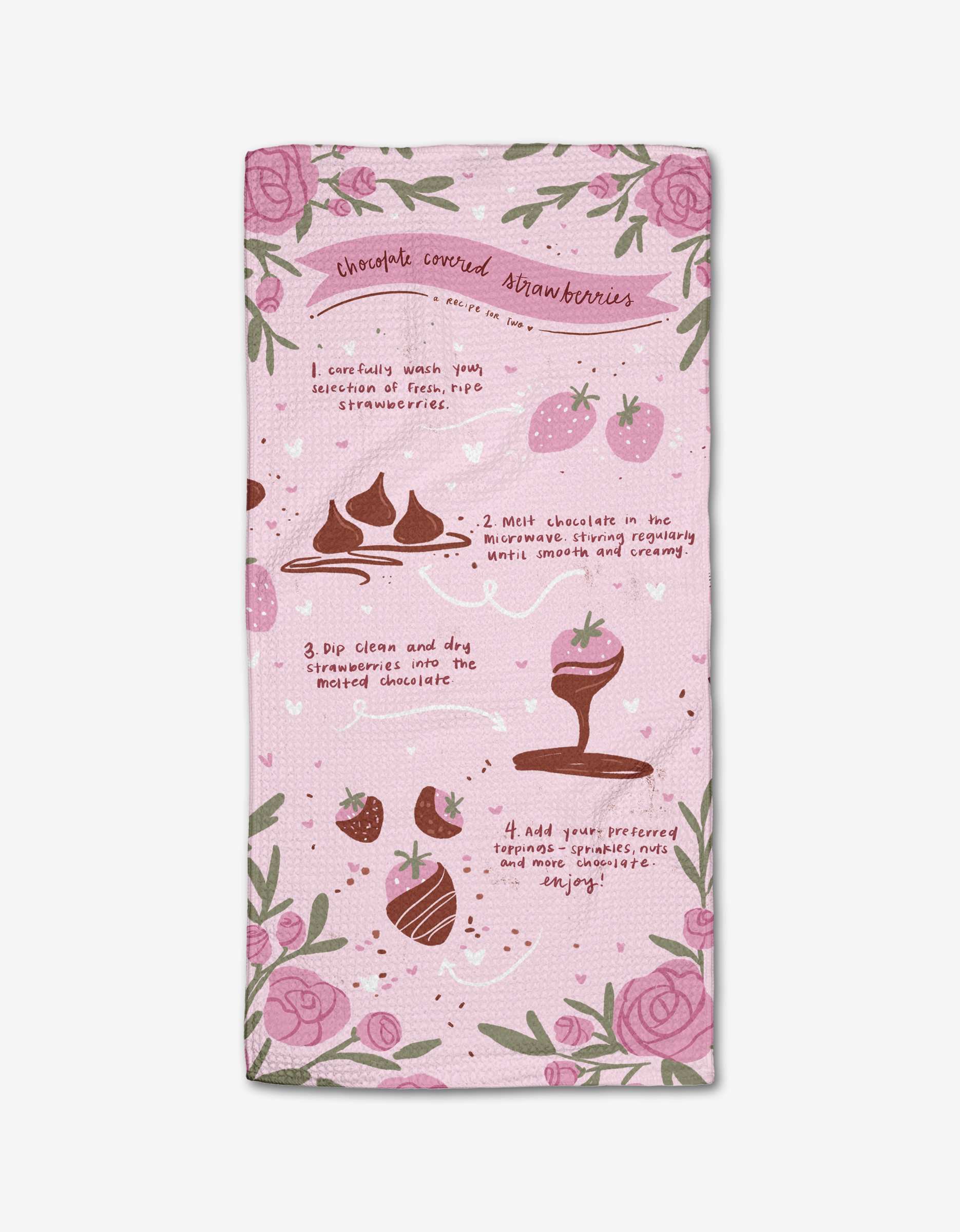 The Chocolate Covered Strawberries pink bar towel by Janna Sue Design is made from post-consumer recycled materials and features floral borders plus illustrated steps for making chocolate-covered strawberries.