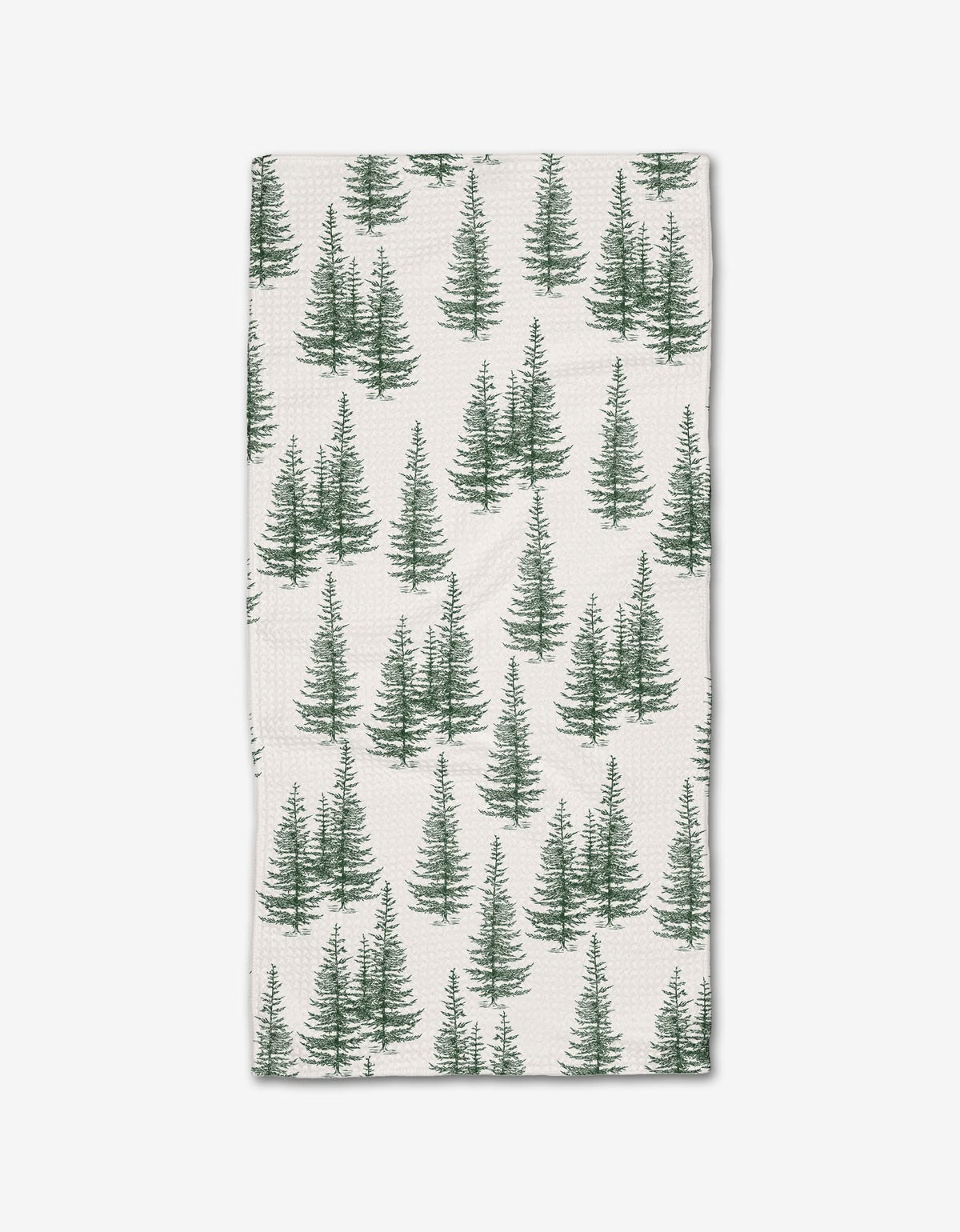 The Aubrey Fairchild Christmas Forest bar towel features a white textured Geoweave fabric with a repeating green pine tree pattern.