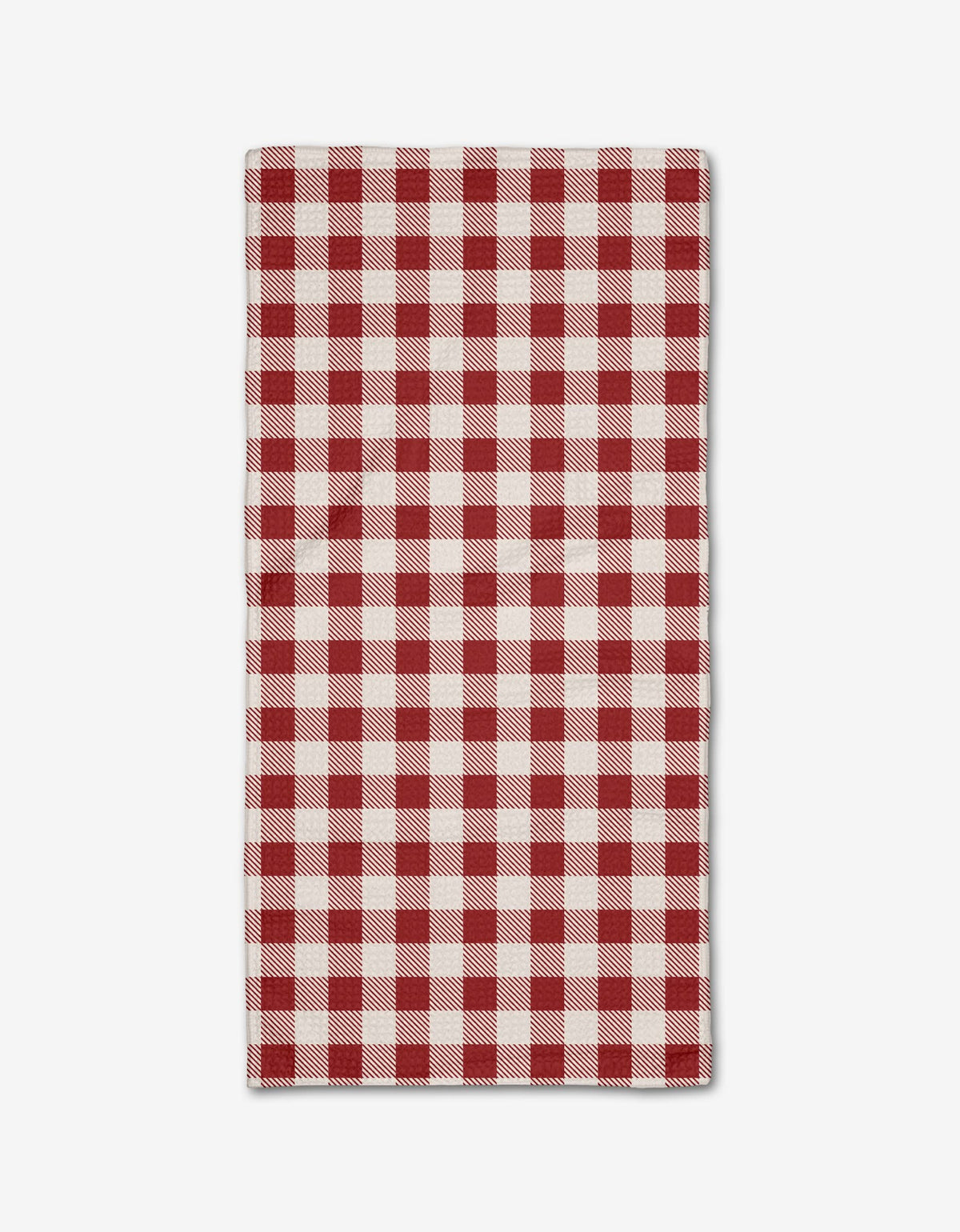 The Aubrey Fairchild Christmas Gingham Red rectangular cloth napkin, featuring a red and white checkered Geoweave fabric, is laid flat on a white background.