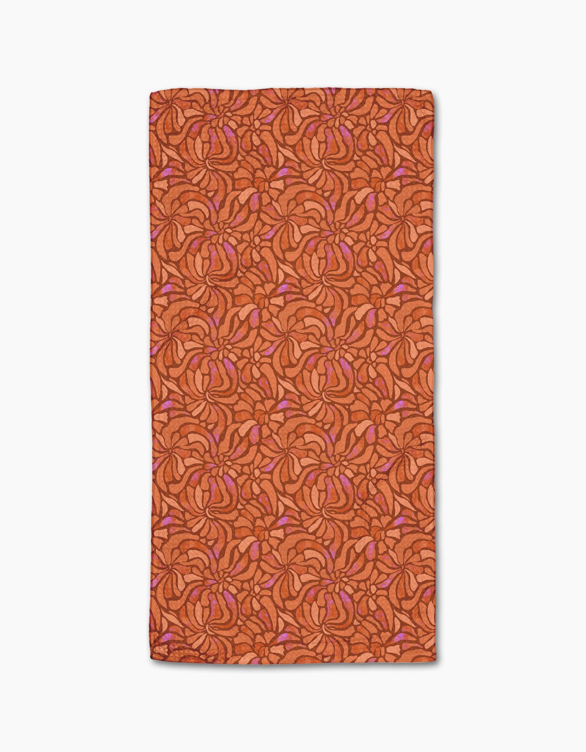 Coral Swirls by Geometry: a rectangular orange bar towel with swirling lines and abstract shapes in dark orange and light purple, crafted from premium Geoweave fabric, displayed on a white background.