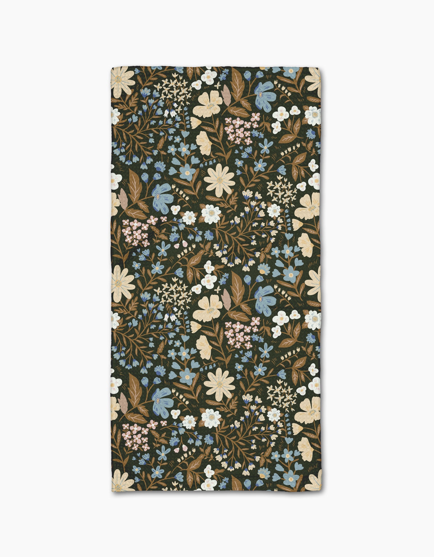 The Danelys Sidron Cottage Meadow Sepia bar towel features a dense floral pattern in cream, blue, brown, pale pink, and green on a dark background, crafted from Geoweave fabric for superior absorbency.