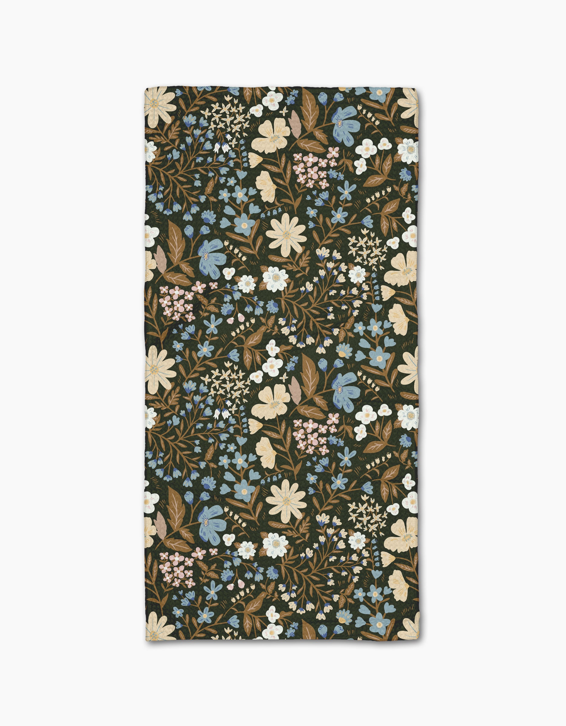 The Danelys Sidron Cottage Meadow Sepia bar towel features a dense floral pattern in cream, blue, brown, pale pink, and green on a dark background, crafted from Geoweave fabric for superior absorbency.
