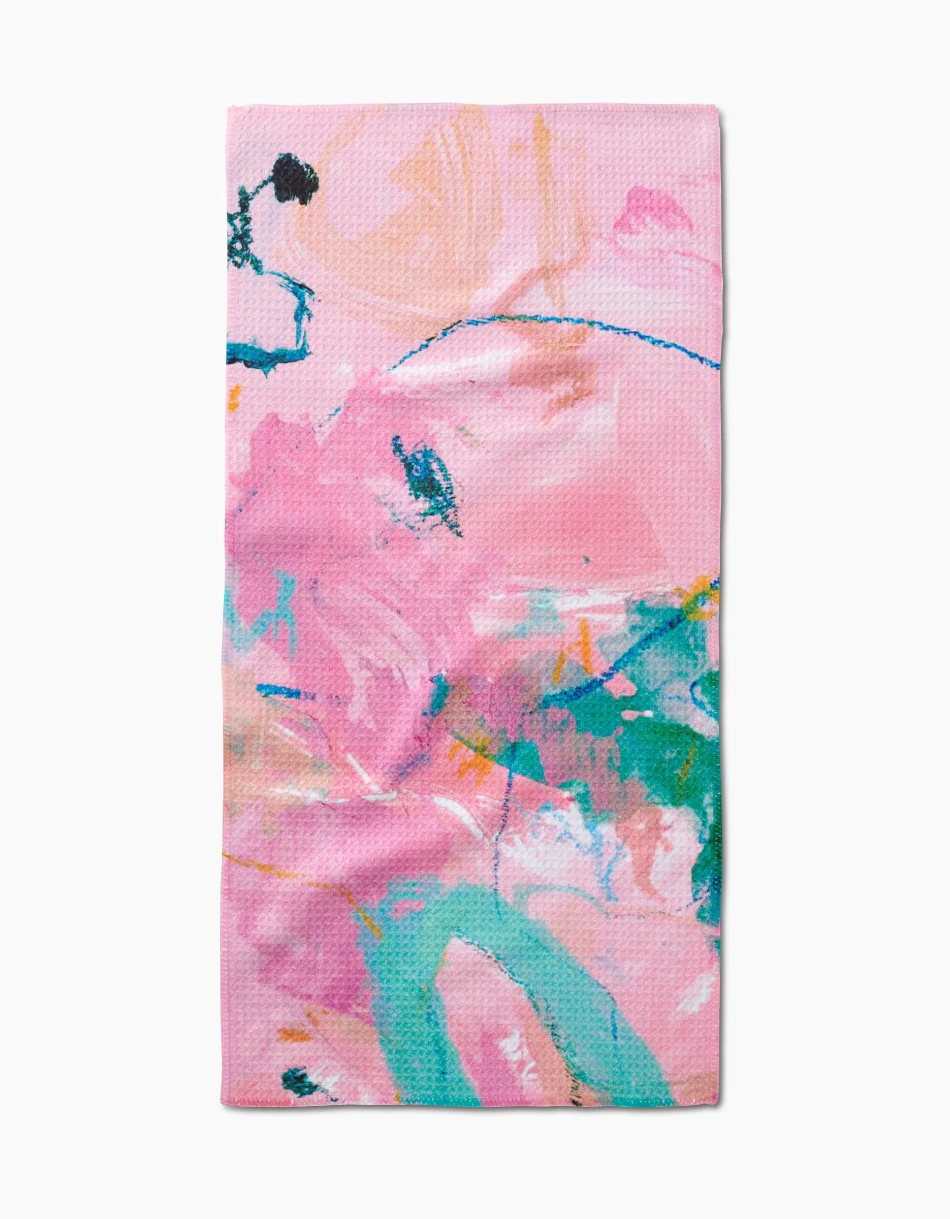 The Daughter yoga mat by Sarah Holden features an abstract design with swirls of pink, teal, peach, yellow, and black on a textured white surface and is made from recycled materials.