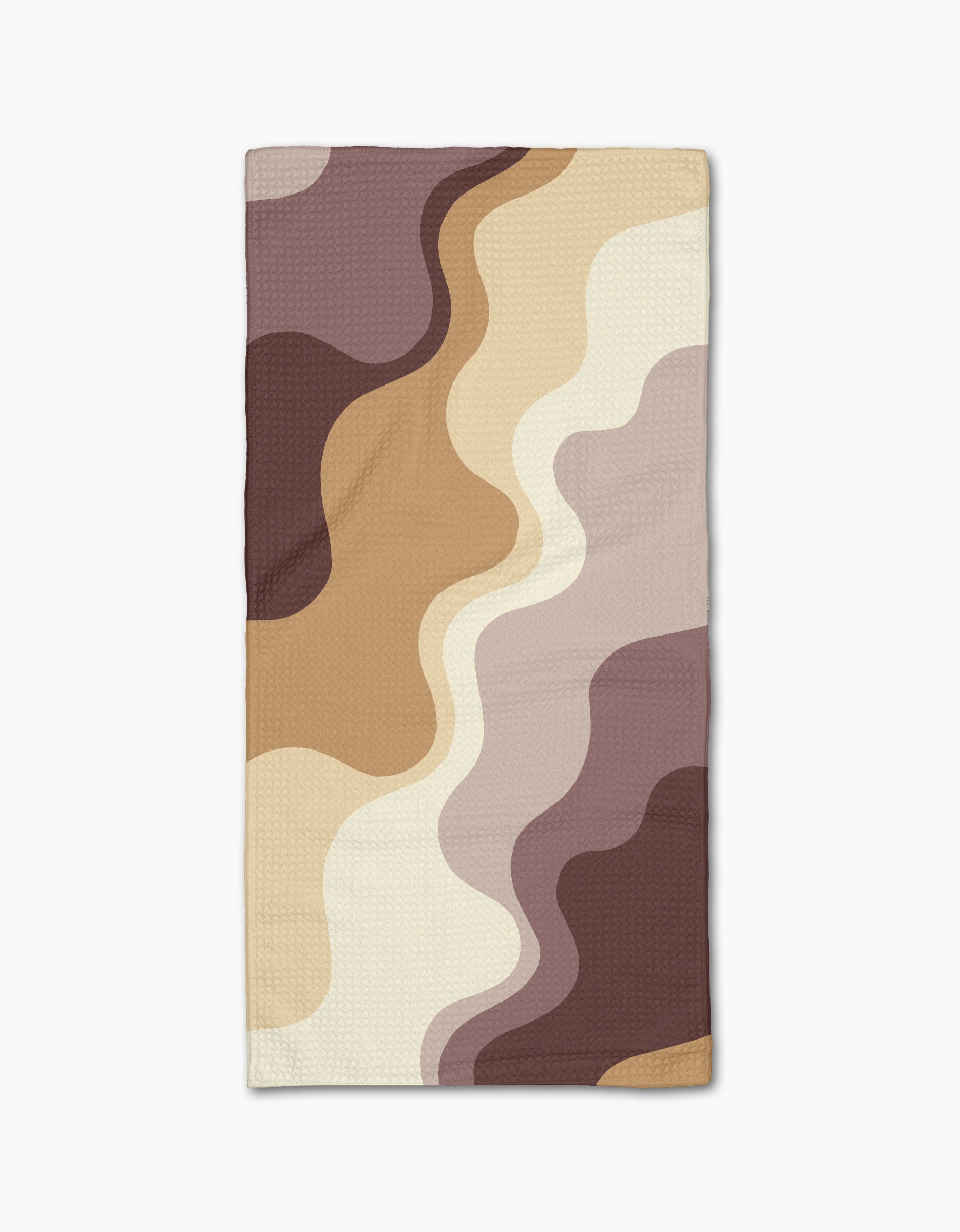 Earthy Waves by Gerdadzy is a rectangular bar towel featuring a wavy abstract pattern in brown, beige, cream, and tan tones, shown on a white background.