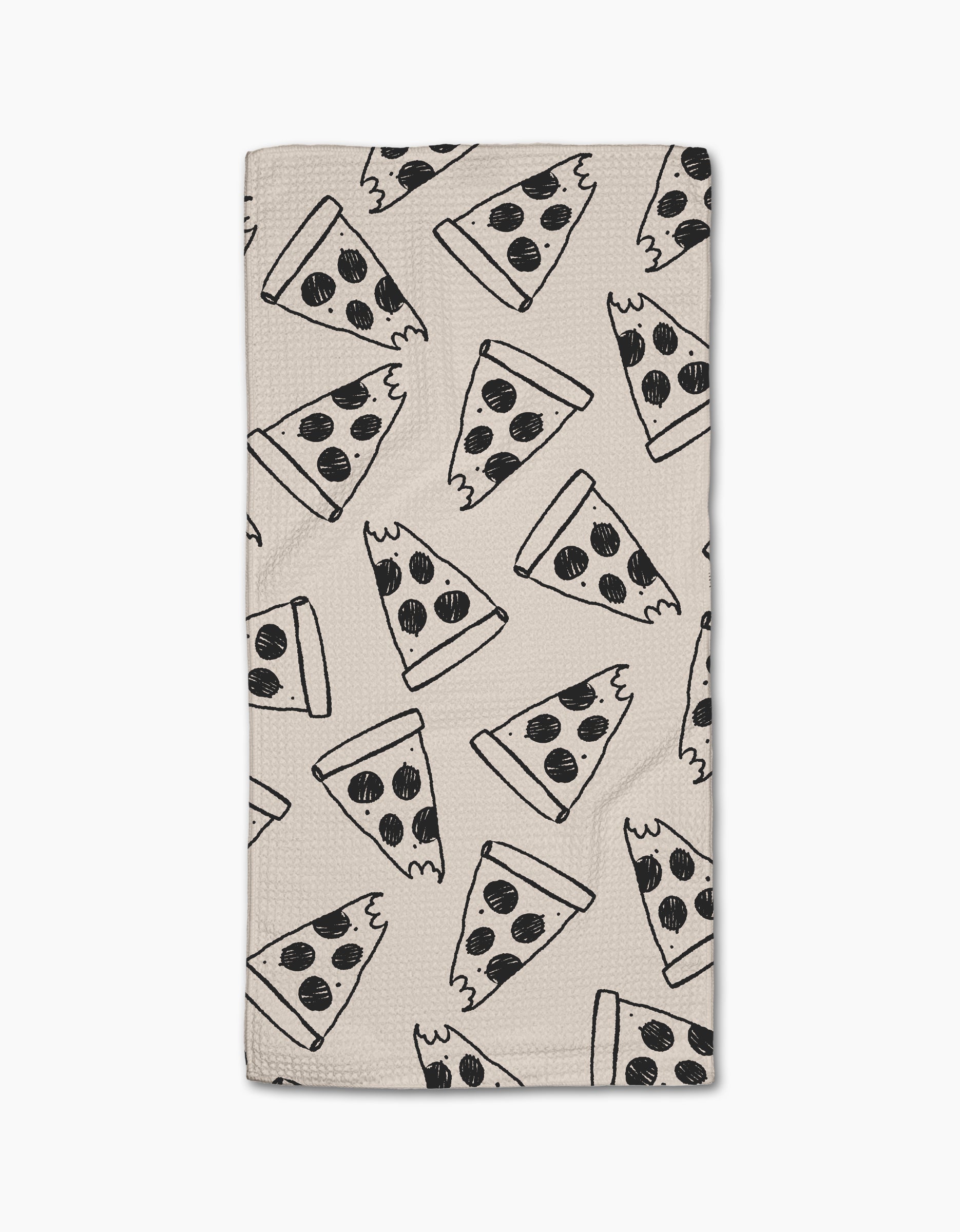 The Eternal Slice by Cole Strem is a beige cloth napkin made from recycled materials, featuring hand-drawn black outline pepperoni pizza slices on a white background.