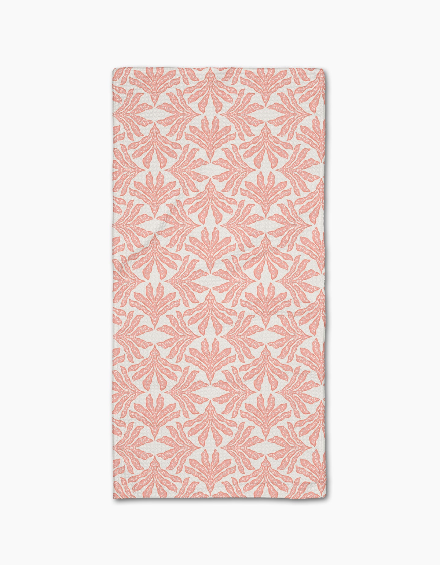 The Ethereal Seaweeds in Blush by Jasmine Blooms Designs is a rectangular white cloth with coral pink, symmetrical seaweed motifs made from recycled materials for a classic, elegant look. Shown flat against a white background.