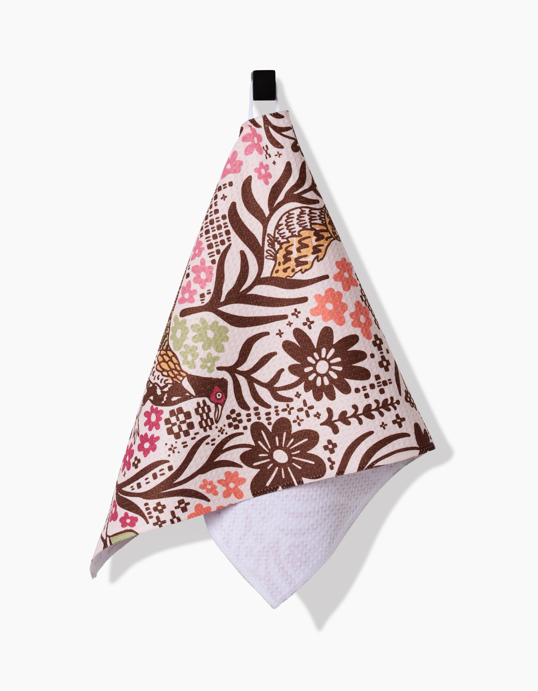 The Fall Fowl towel by Kayla Ann features brown branches, pink, orange, and green florals, and a black hanging loop—making it a stylish ultra-absorbent bar towel perfect for your kitchen.