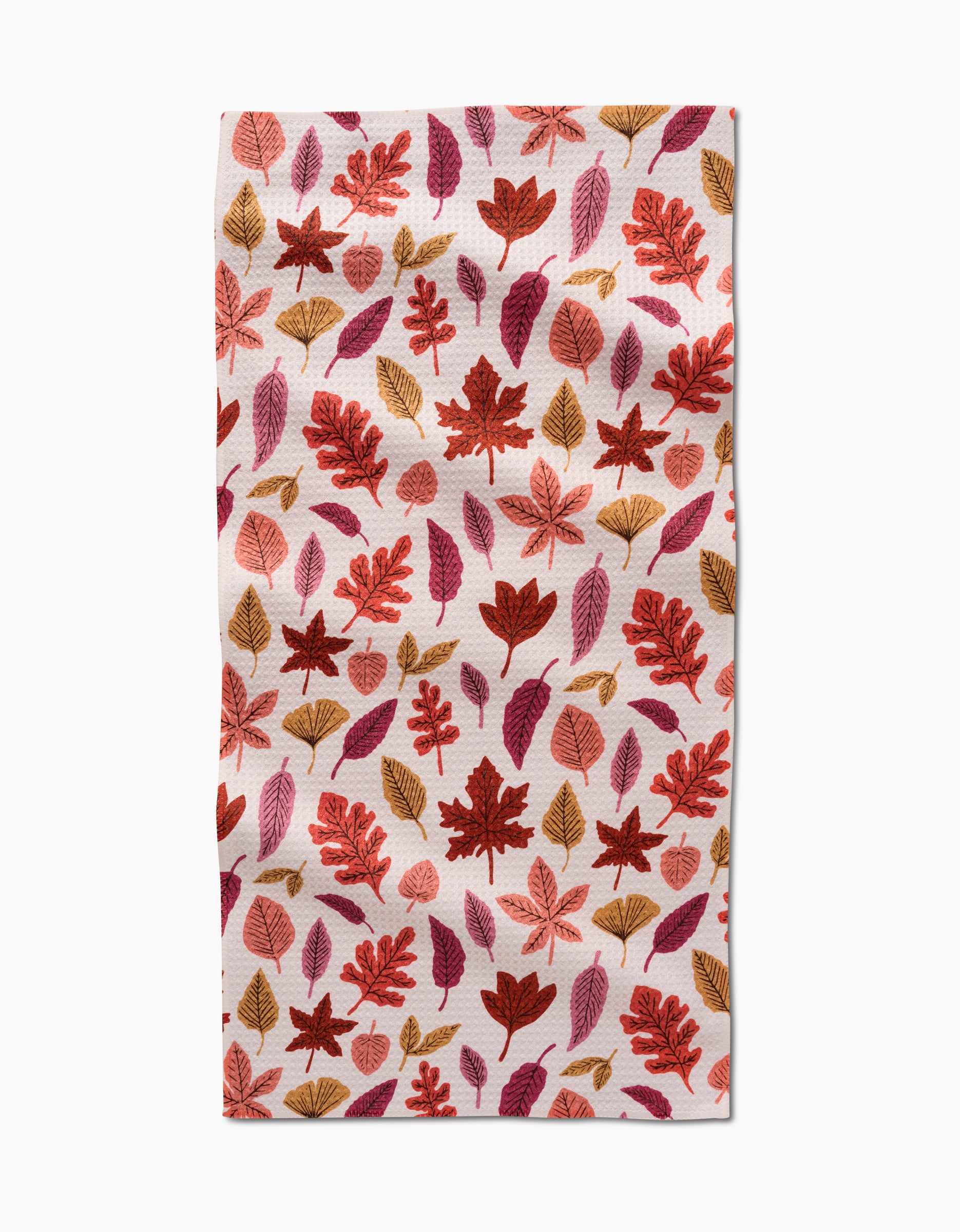 The Kayla Ann Fall Leaves Bar Towel features Geoweave fabric and a pattern of red, orange, and brown autumn leaves on white, creating a festive seasonal look.