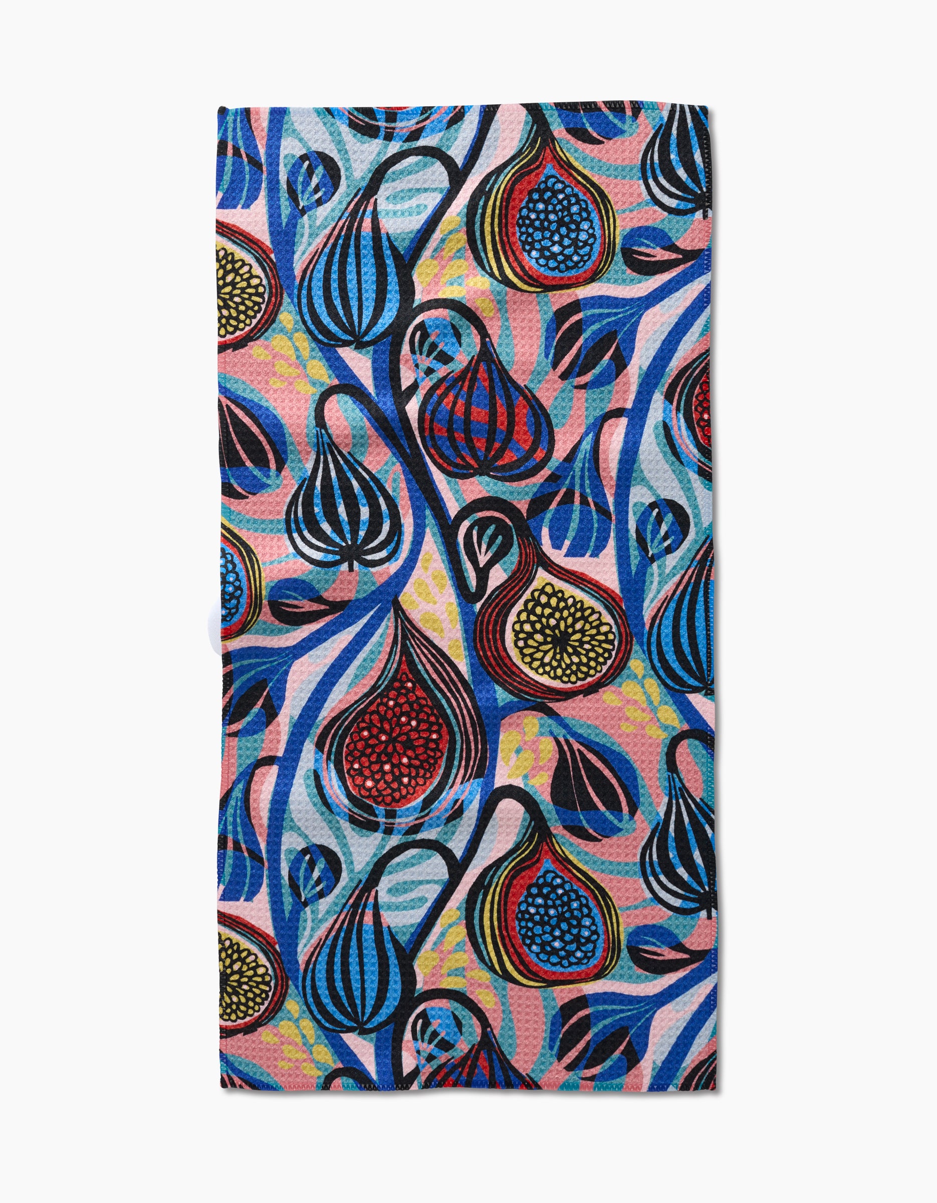 The Fig Garden Bar Towel by Masha Volnova features a vibrant abstract pattern with swirling blue lines and red, blue, and yellow leaf-like shapes on a multicolored background, crafted from durable Geoweave fabric.