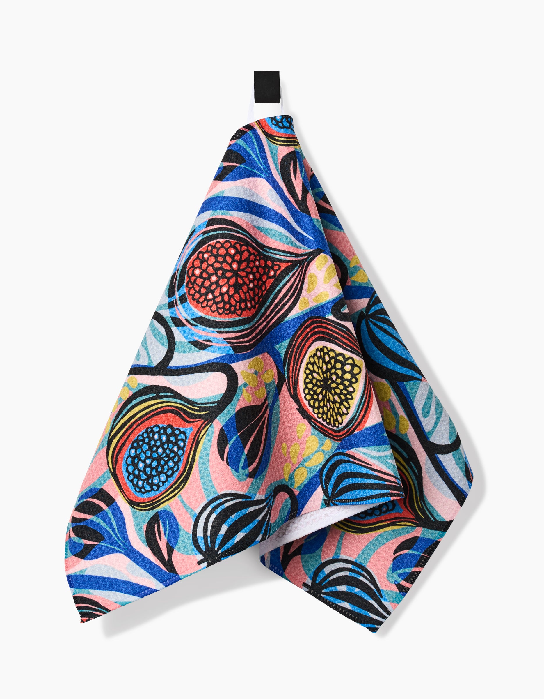 The Fig Garden bar towel by Masha Volnova features a vibrant abstract pattern with swirling blue, pink, and yellow shapes plus bold fruit-inspired accents. Crafted from Geoweave fabric, it hangs from a black loop against a white background.
