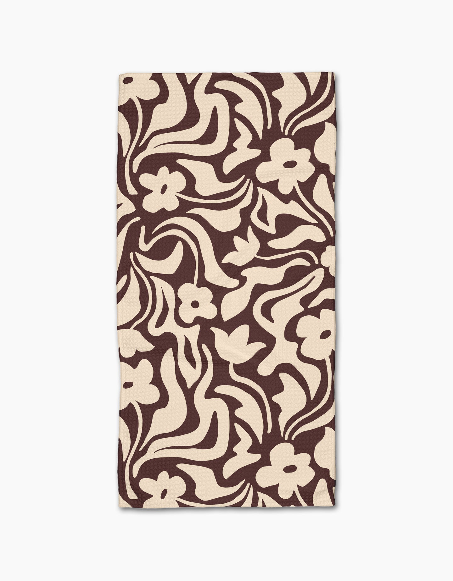 Floral Reverie by Gerdadzy is a beige rectangular cloth napkin with an abstract dark brown floral pattern of stylized flowers and wavy leaves, crafted from recycled materials for an eco-friendly touch.