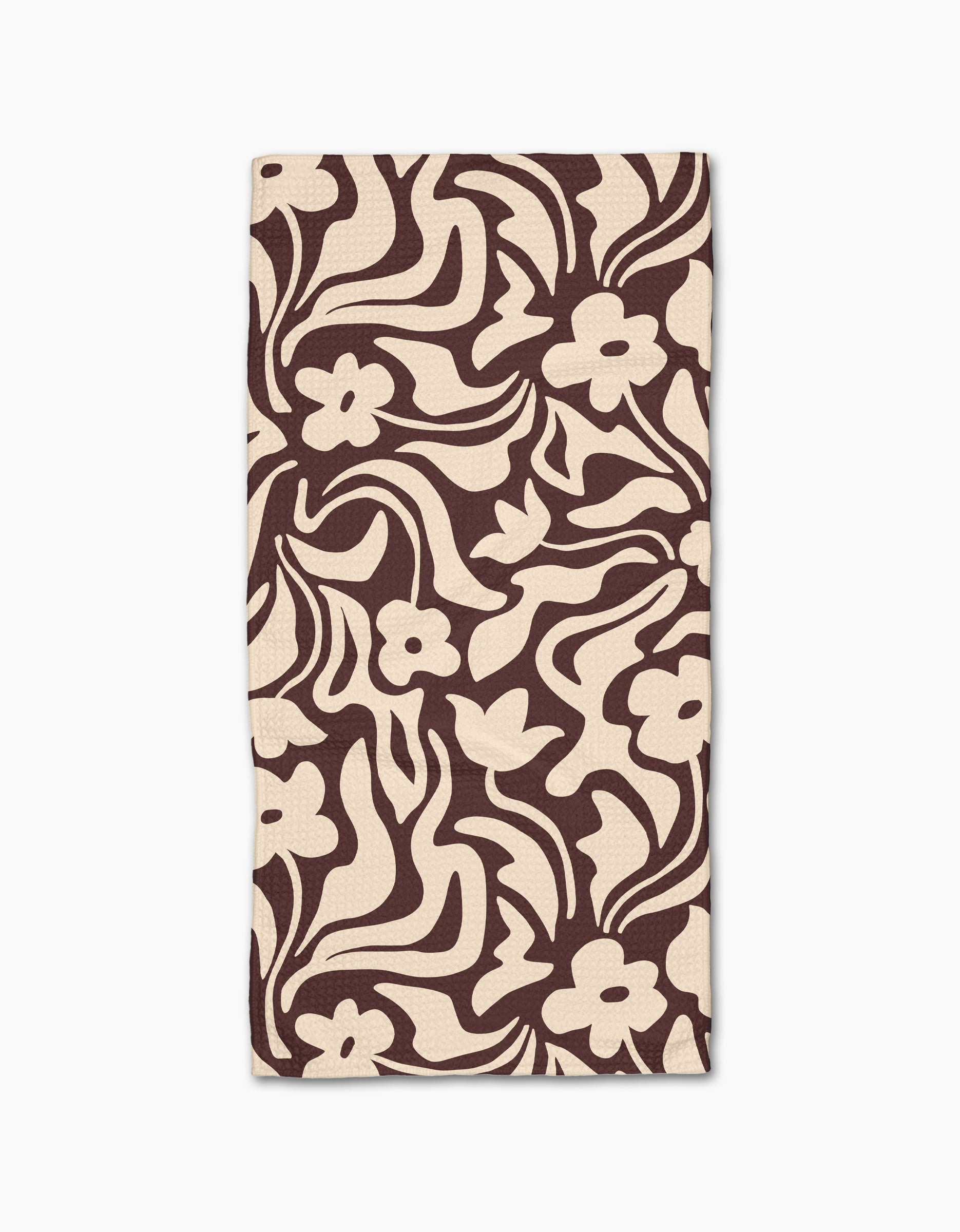 Floral Reverie by Gerdadzy is a beige rectangular cloth napkin with an abstract dark brown floral pattern of stylized flowers and wavy leaves, crafted from recycled materials for an eco-friendly touch.