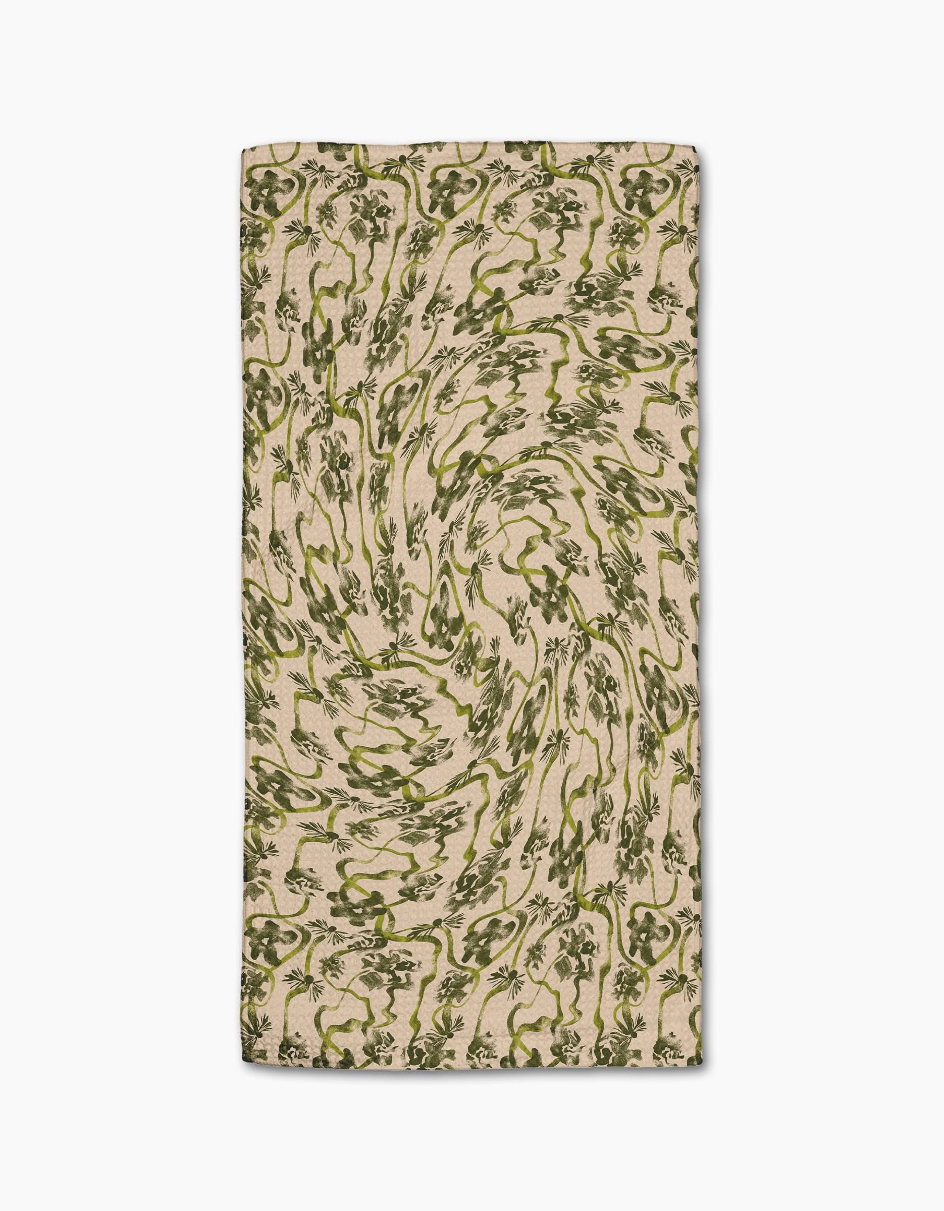 The Geometry Floral Swirls Green bar towel features swirling green floral patterns on beige Geoweave fabric, creating a dynamic look. The rectangular towel is shown lying flat on a white background.
