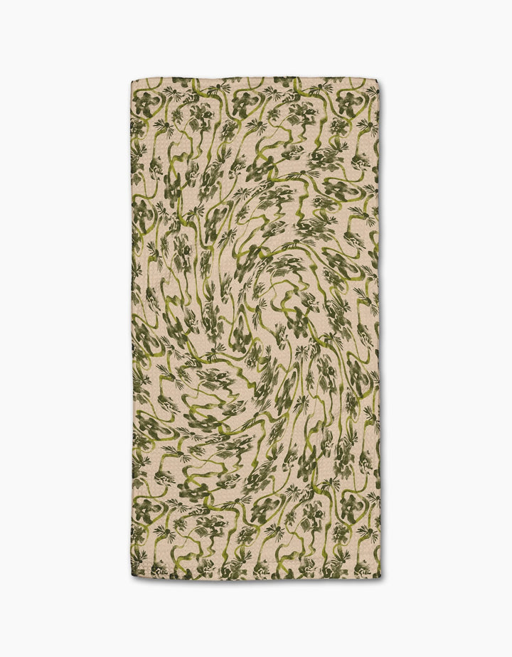 The Geometry Floral Swirls Green bar towel features swirling green floral patterns on beige Geoweave fabric, creating a dynamic look. The rectangular towel is shown lying flat on a white background.