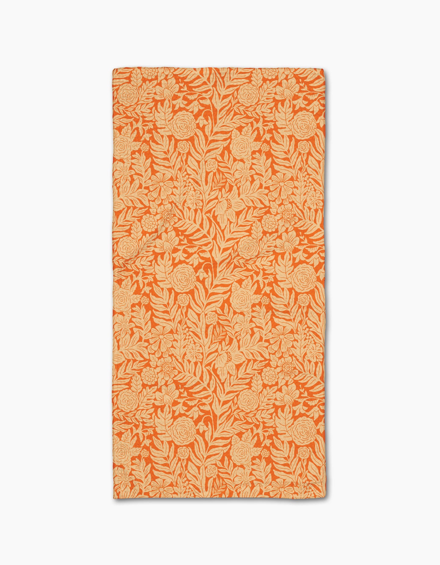 Florence by Katie OShea is an orange rectangular recycled kitchen towel featuring a light tan floral and leafy pattern throughout and slightly uneven edges for a handcrafted appearance.