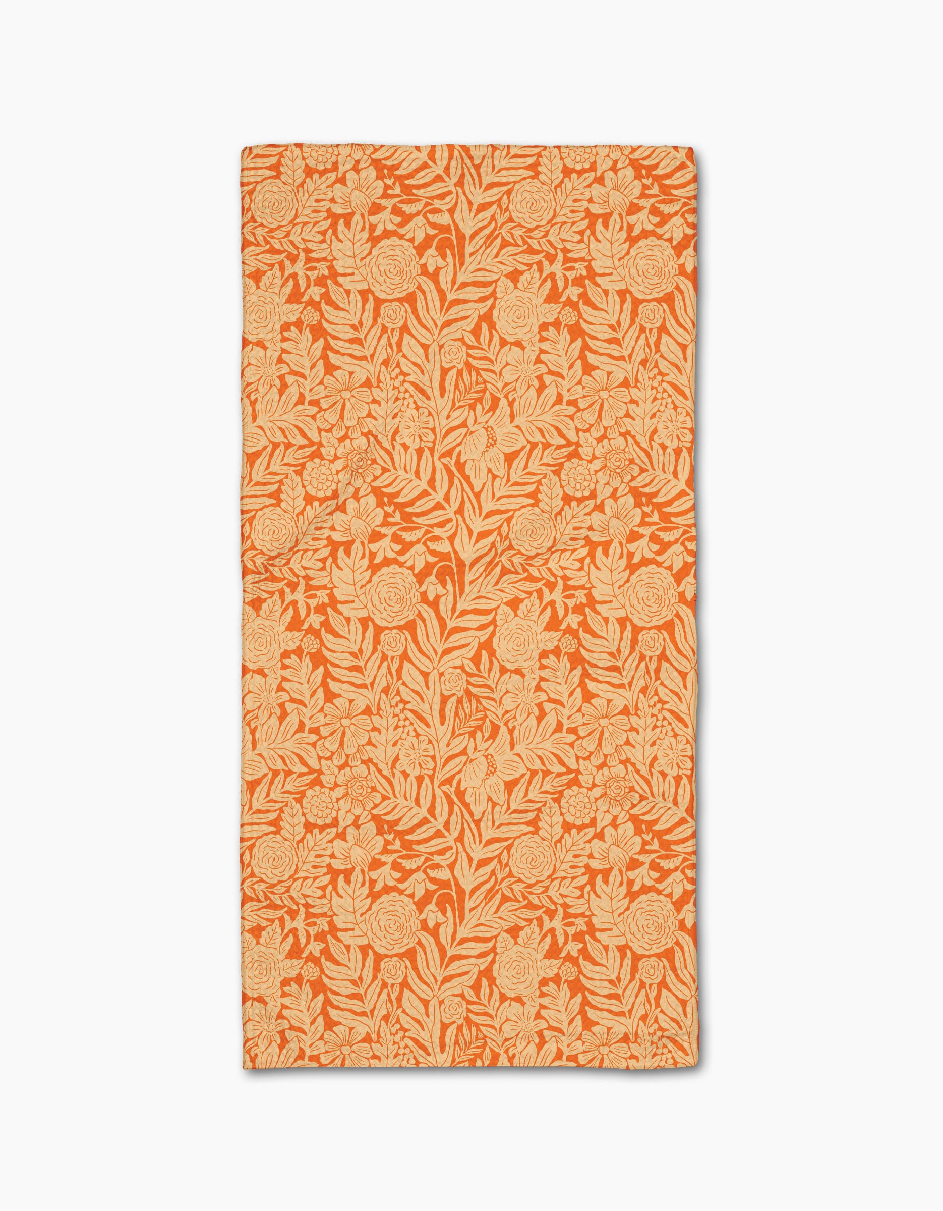 Florence by Katie OShea is an orange rectangular recycled kitchen towel featuring a light tan floral and leafy pattern throughout and slightly uneven edges for a handcrafted appearance.