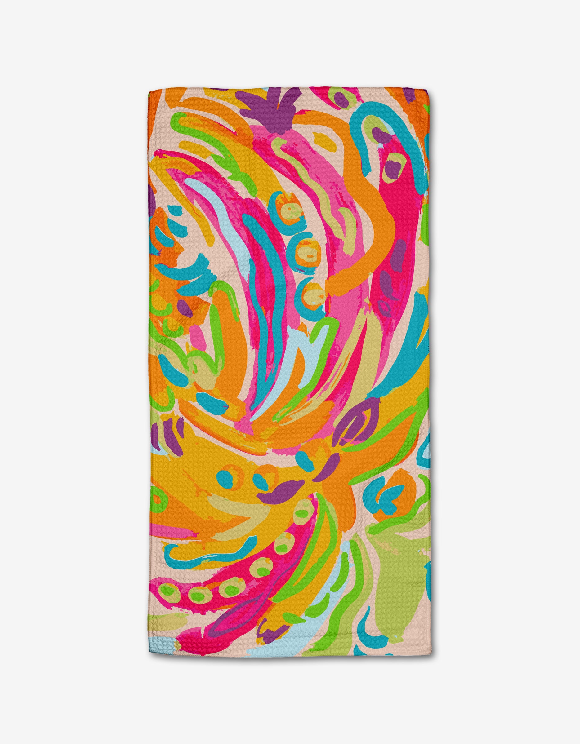 The Florescence bar towel by Sareka Unique features a vibrant abstract floral design in pink, orange, yellow, green, and blue on ultra-absorbent Geoweave fabric for a bright and lively touch to your space.