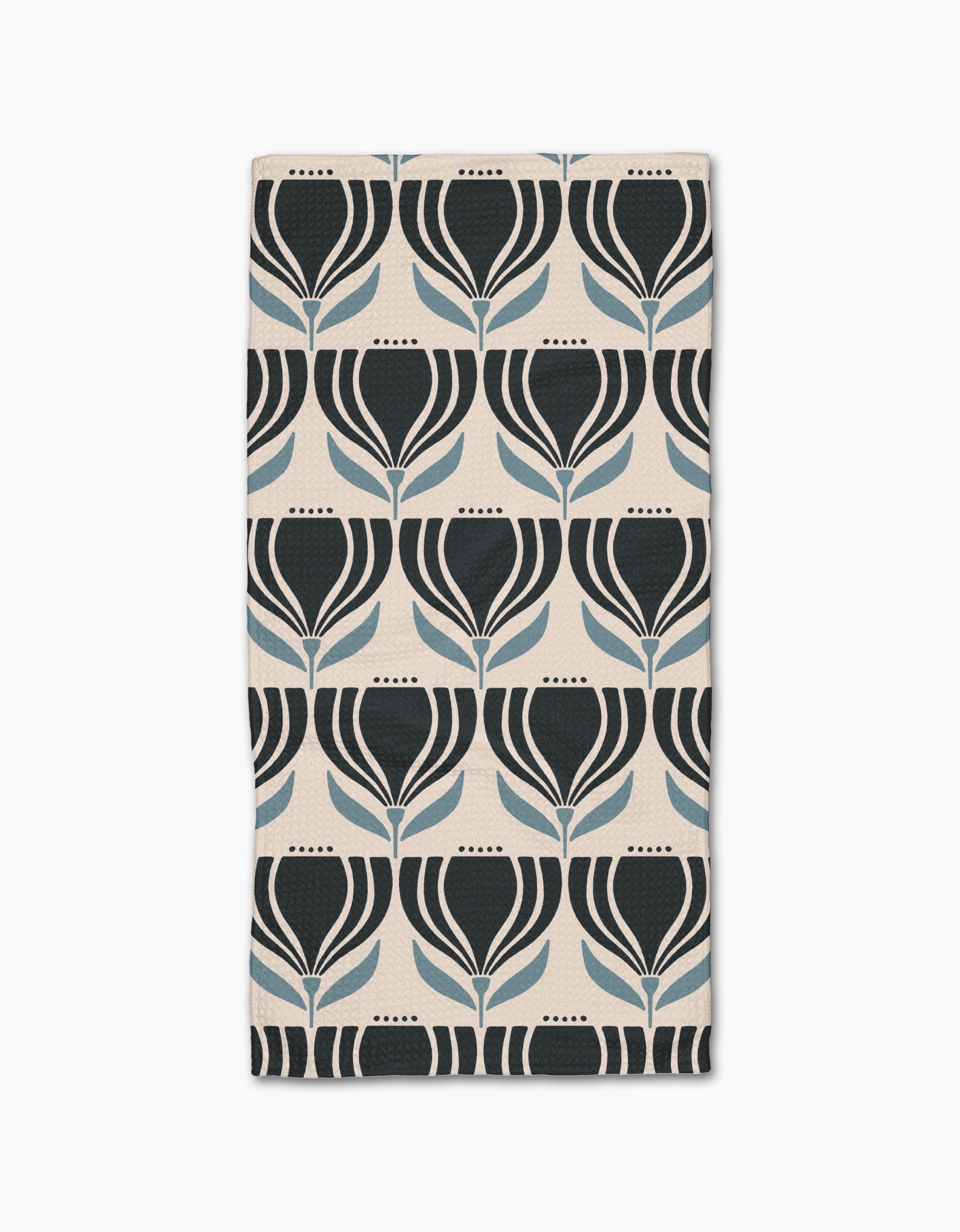 The Florian bar towel by Amy MacCready features a geometric tulip pattern in black and blue on a light beige Geoweave fabric, arranged in neat rows and columns.