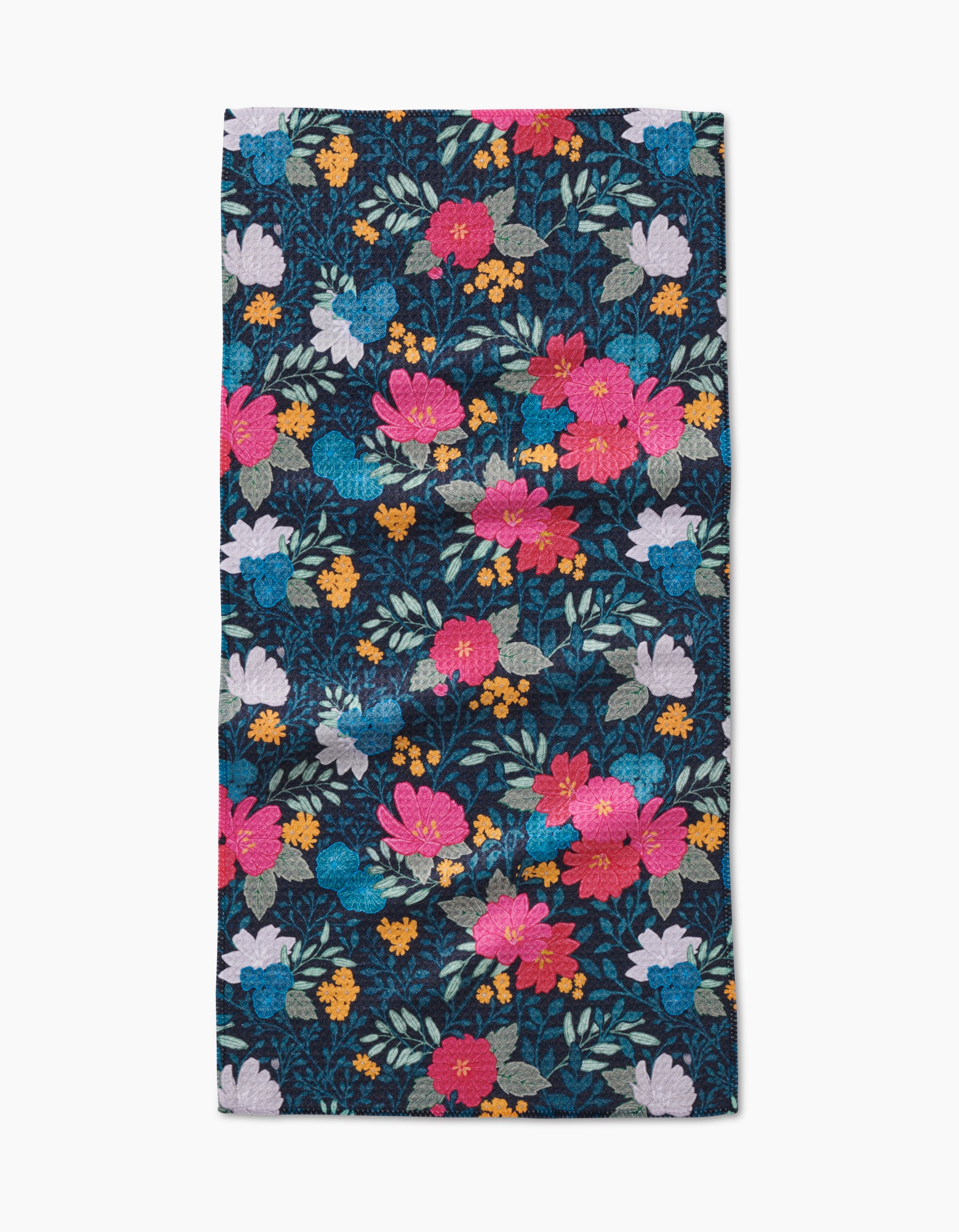 The Flower Bouquets Bar Towel by Katie OShea features vibrant pink, red, yellow, white, and orange flowers with green leaves on a dark background, crafted from durable Geoweave fabric.