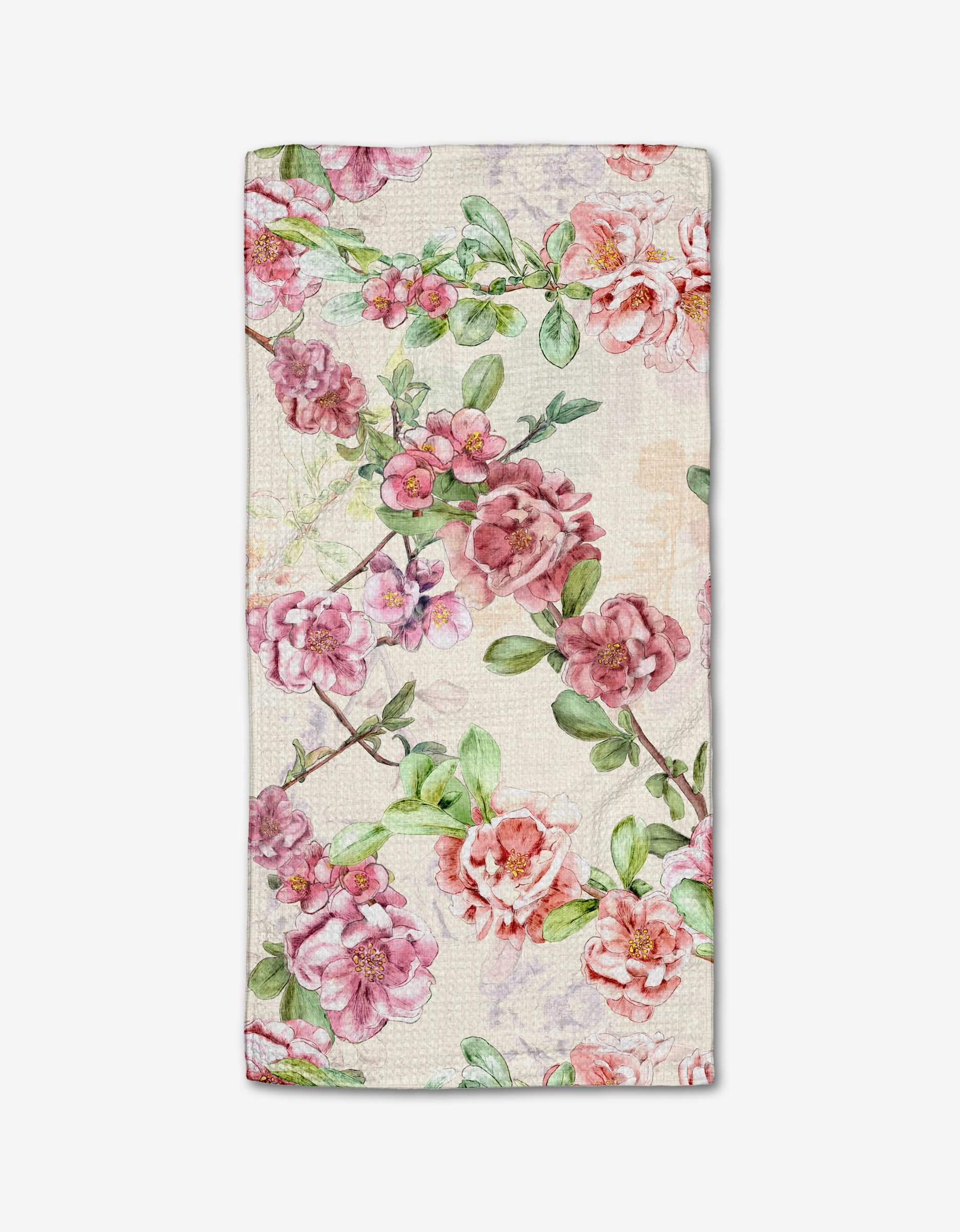 The Flowering Quince Bar Towel by Pascale Dilger features a floral pattern with pink and red flowers and green leaves on a light textured background, made from durable Geoweave fabric.