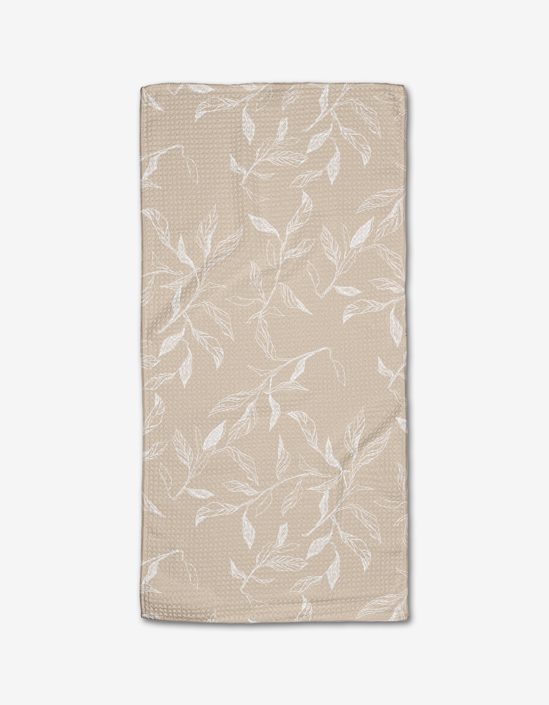 Aubrey Fairchilds Flowing Floral tea towel is beige, rectangular, and crafted from Geoweave fabric with a subtle texture and a white leaf and branch design.
