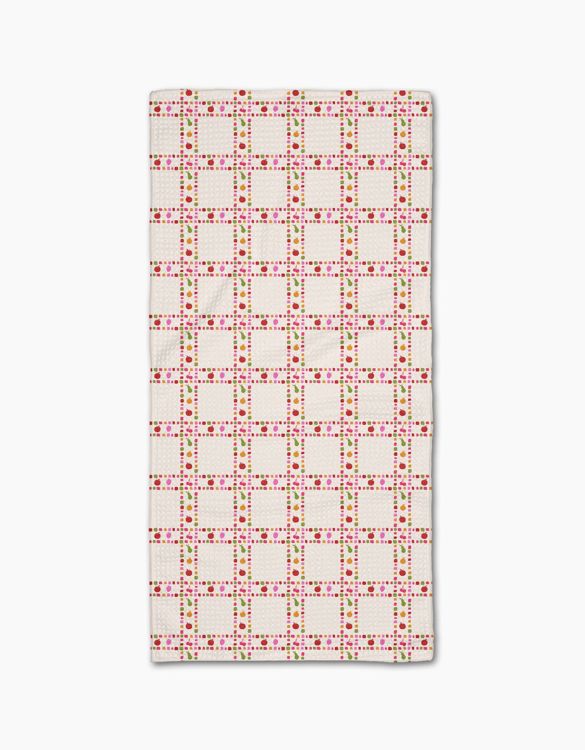 The Fruits Plaid by Geometry is a rectangular white bar towel with a grid of red and pink dots plus green accents forming squares, evenly repeated on Geoweave fabric.