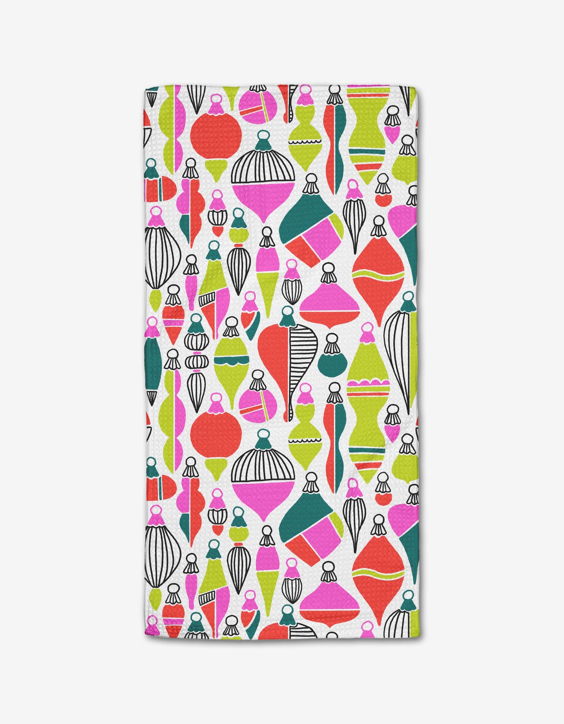 The Gaspar Bar Towel by Amy MacCready features retro-style Christmas ornaments in red, pink, green, teal, black, and white on a white background. Made from soft Geoweave fabric for excellent absorbency.