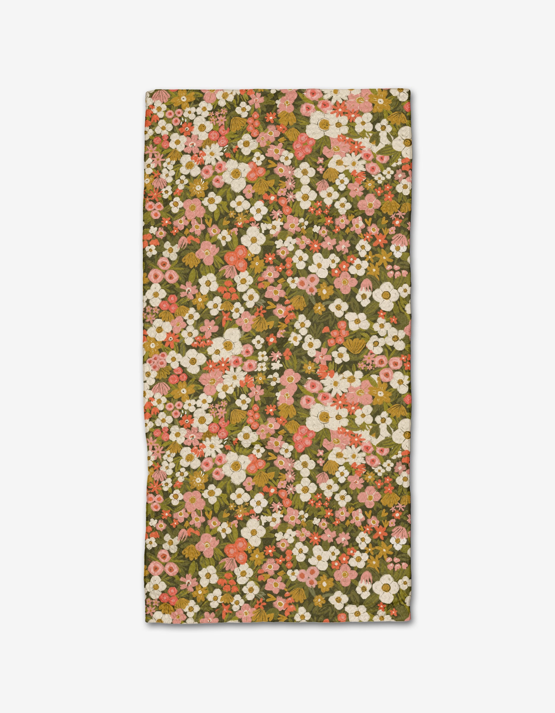 The Gilded Garden Bar Towel by Lisa Nelson features a floral pattern with pink, white, and orange flowers and green leaves on an olive background—your kitchen’s best friend.