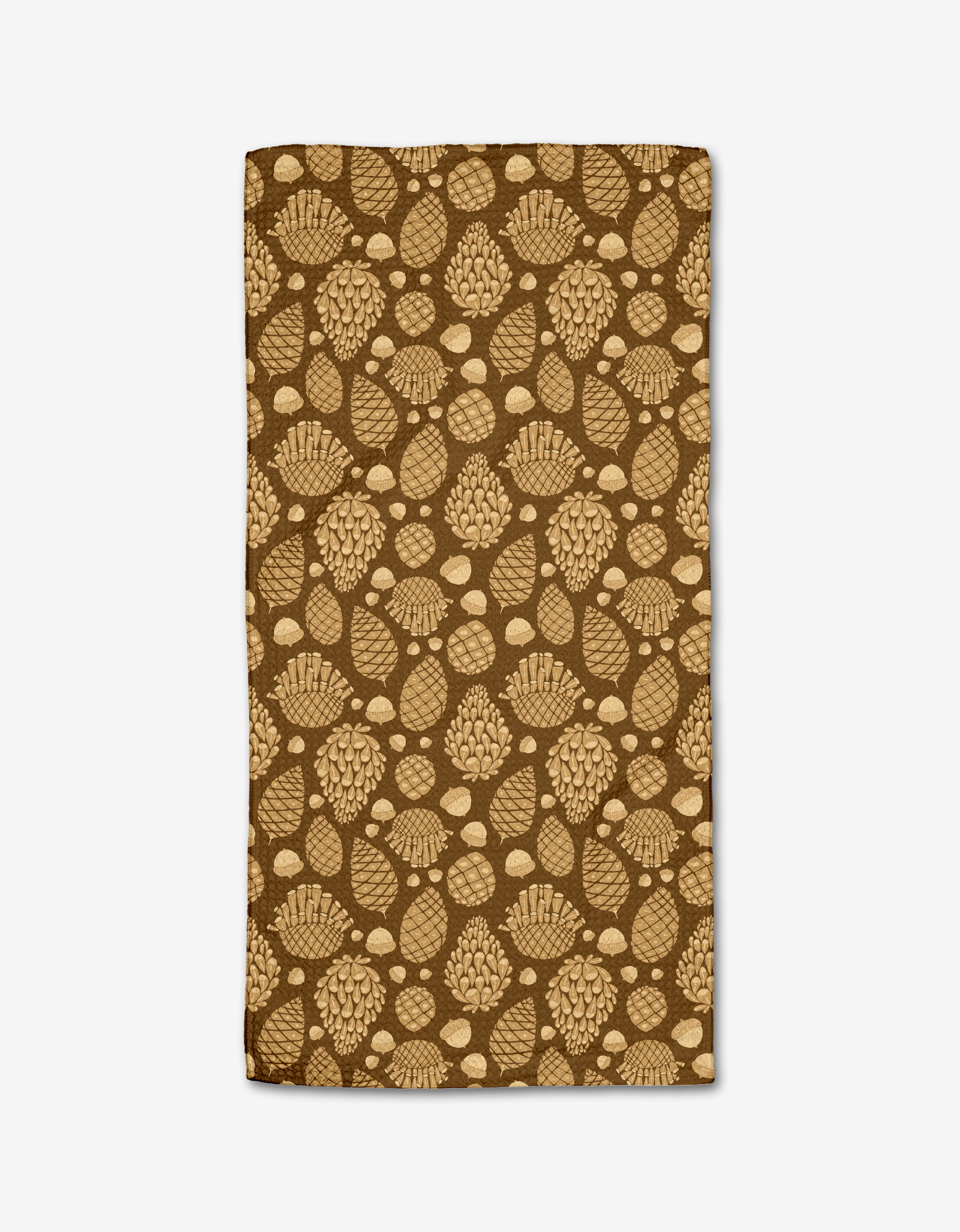 The Golden Pines Bar Towel by Danelys Sidron is a rectangular brown towel made from recycled materials, featuring a repeating pattern of tan pine cones and acorns on a white background.