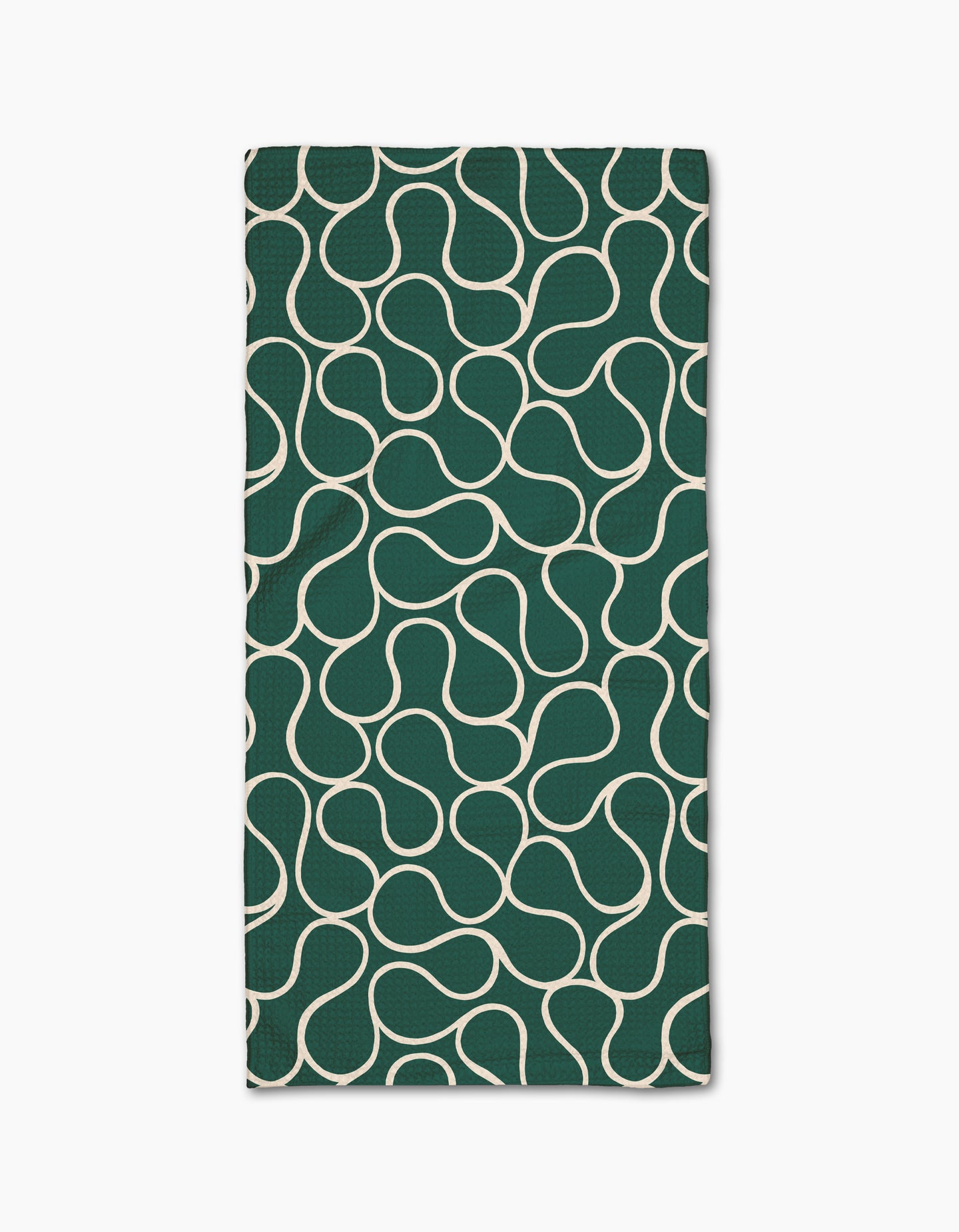 The Gerdadzy Green Loops napkin is a dark green rectangular cloth made from recycled materials, featuring a white wavy interconnected line pattern across its surface, shown on a white background.