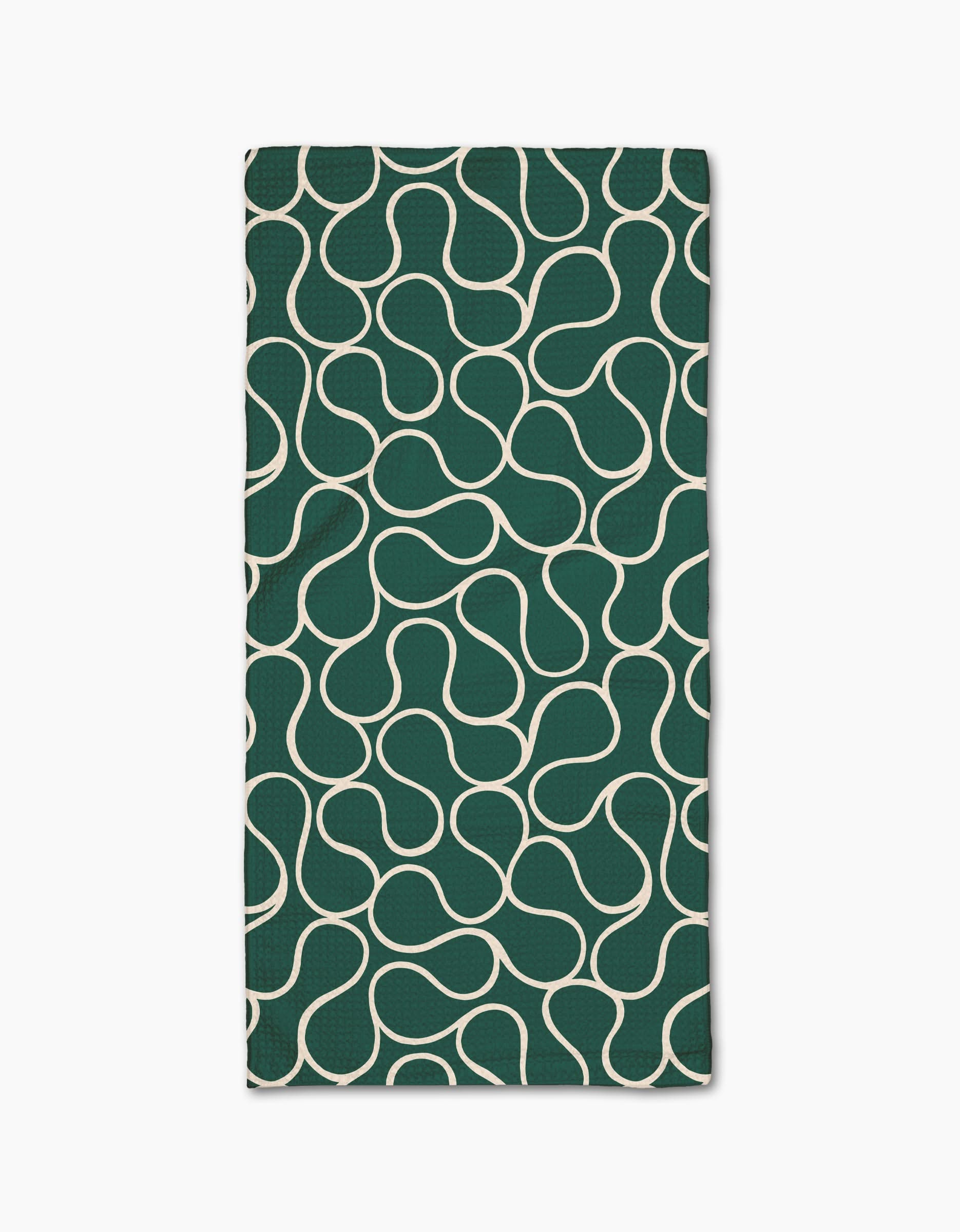 The Gerdadzy Green Loops napkin is a dark green rectangular cloth made from recycled materials, featuring a white wavy interconnected line pattern across its surface, shown on a white background.