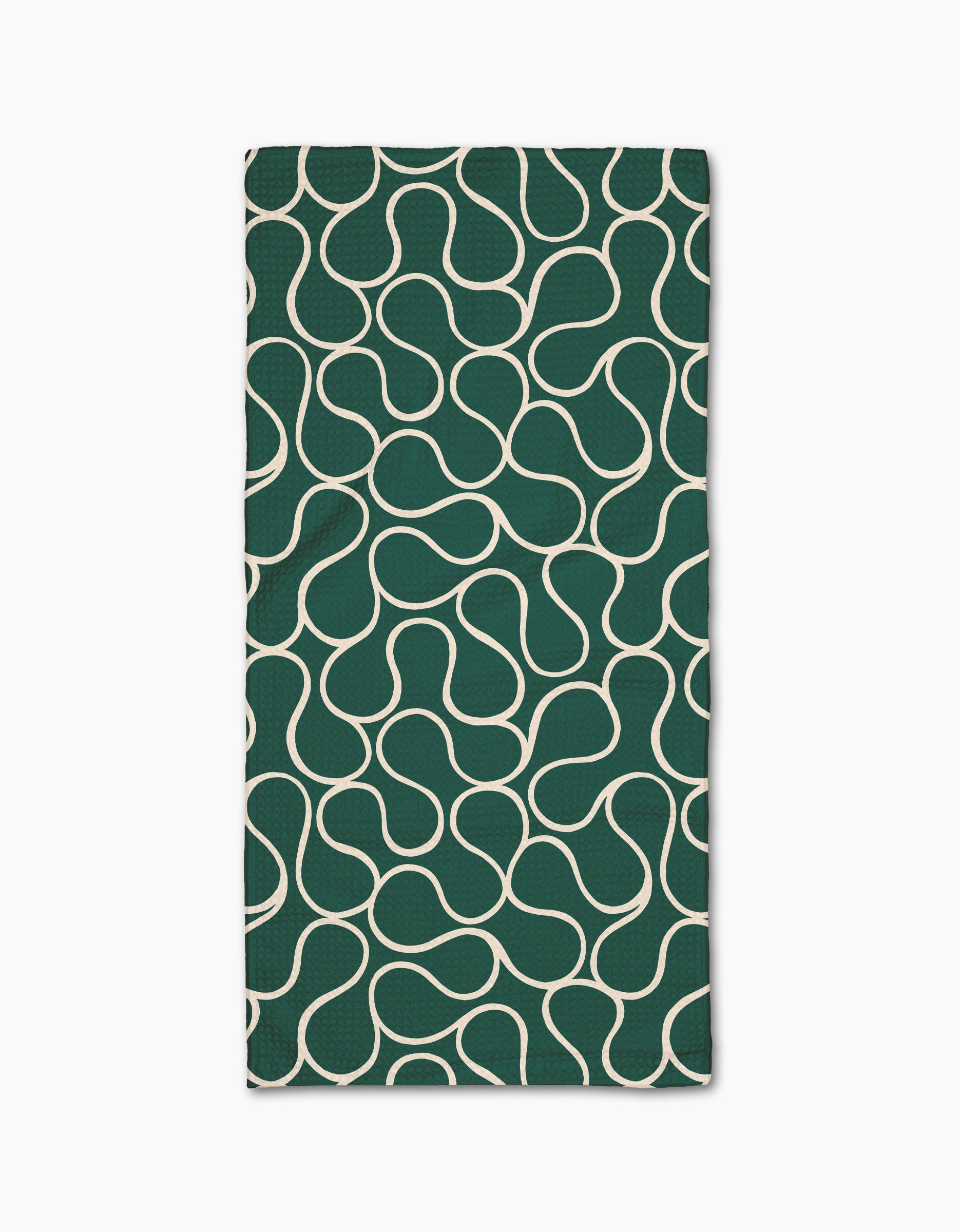 The Gerdadzy Green Loops napkin is a dark green rectangular cloth made from recycled materials, featuring a white wavy interconnected line pattern across its surface, shown on a white background.