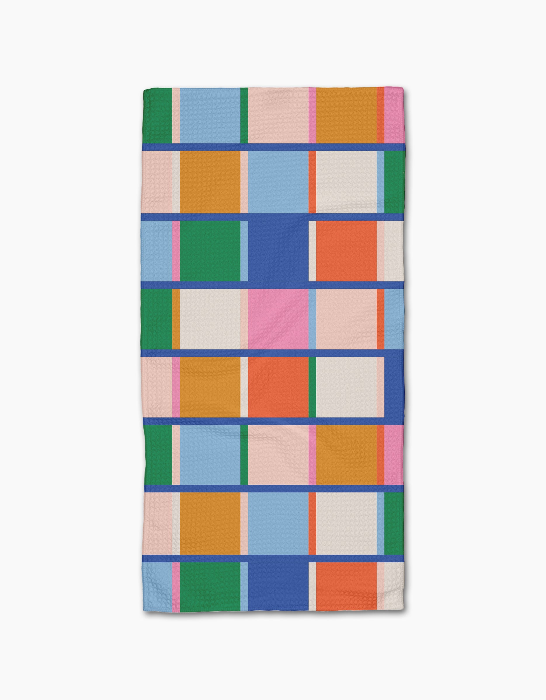 Grid by Jennifer Bouron is a rectangular bar towel featuring a colorful grid of blue, green, orange, pink, and white squares and rectangles on soft Geoweave fabric.