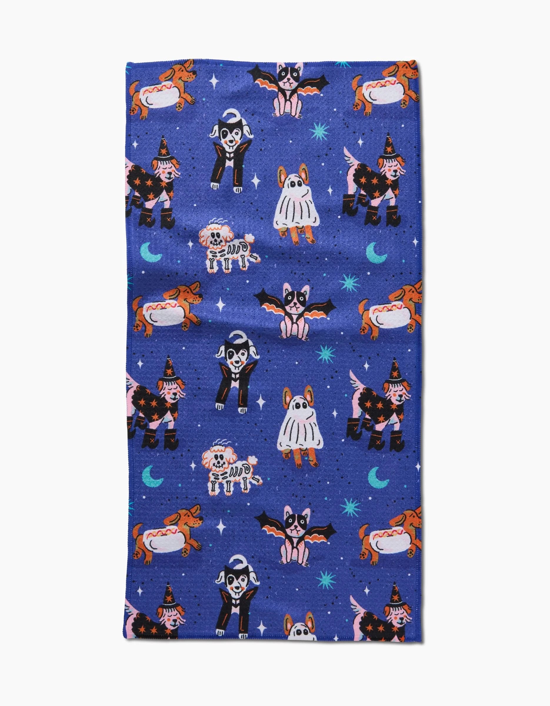 The Halloween Hounds Bar Towel by Camila Leão features cartoon dogs in festive costumes, pumpkins, stars, and moons on soft Geoweave™ fabric—perfect for Halloween!.