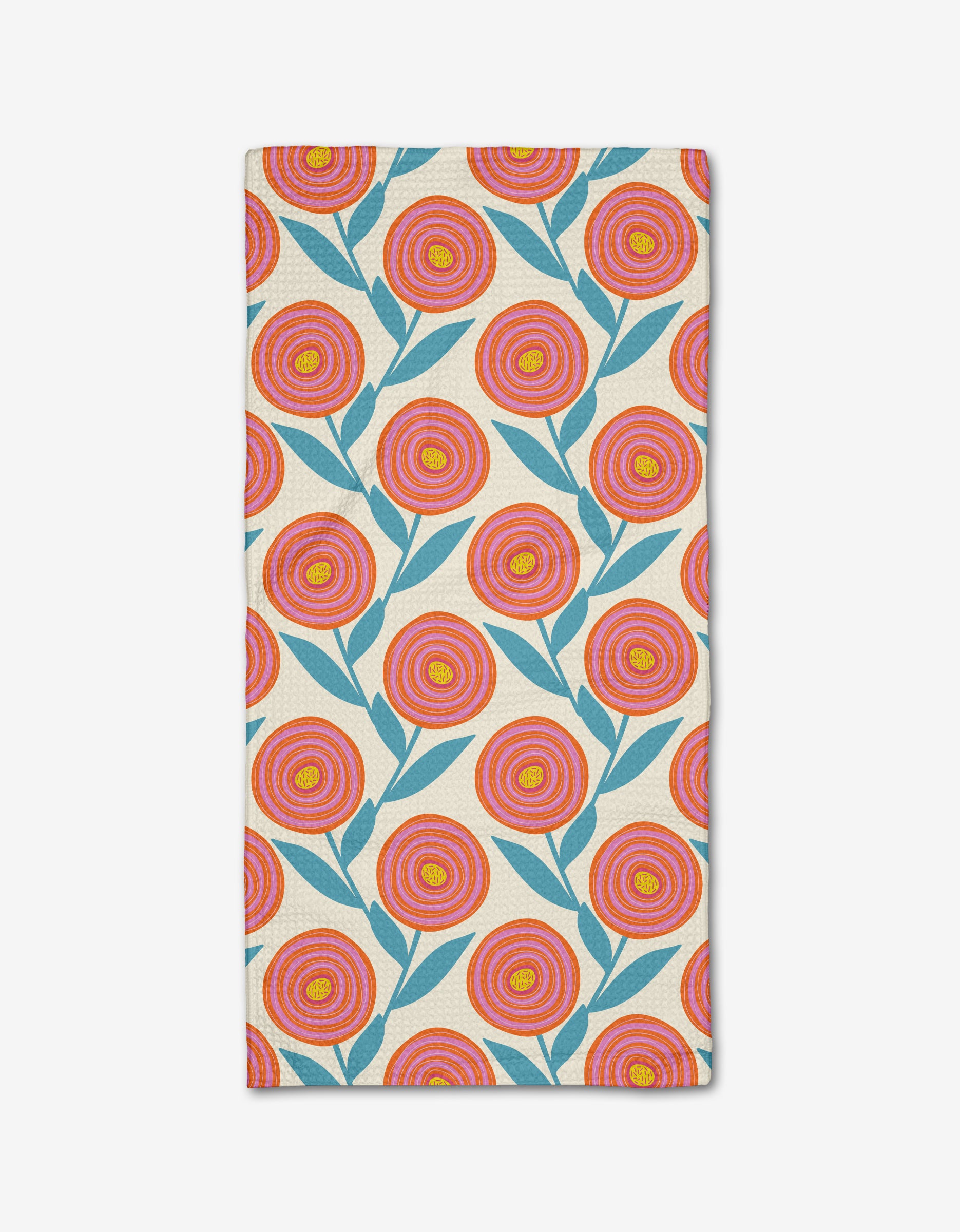 The Happy Ranunculus Bar Towel by Lizzie Clark features a repeating pattern of red, orange, and yellow flowers with blue leaves on beige Geoweave fabric.