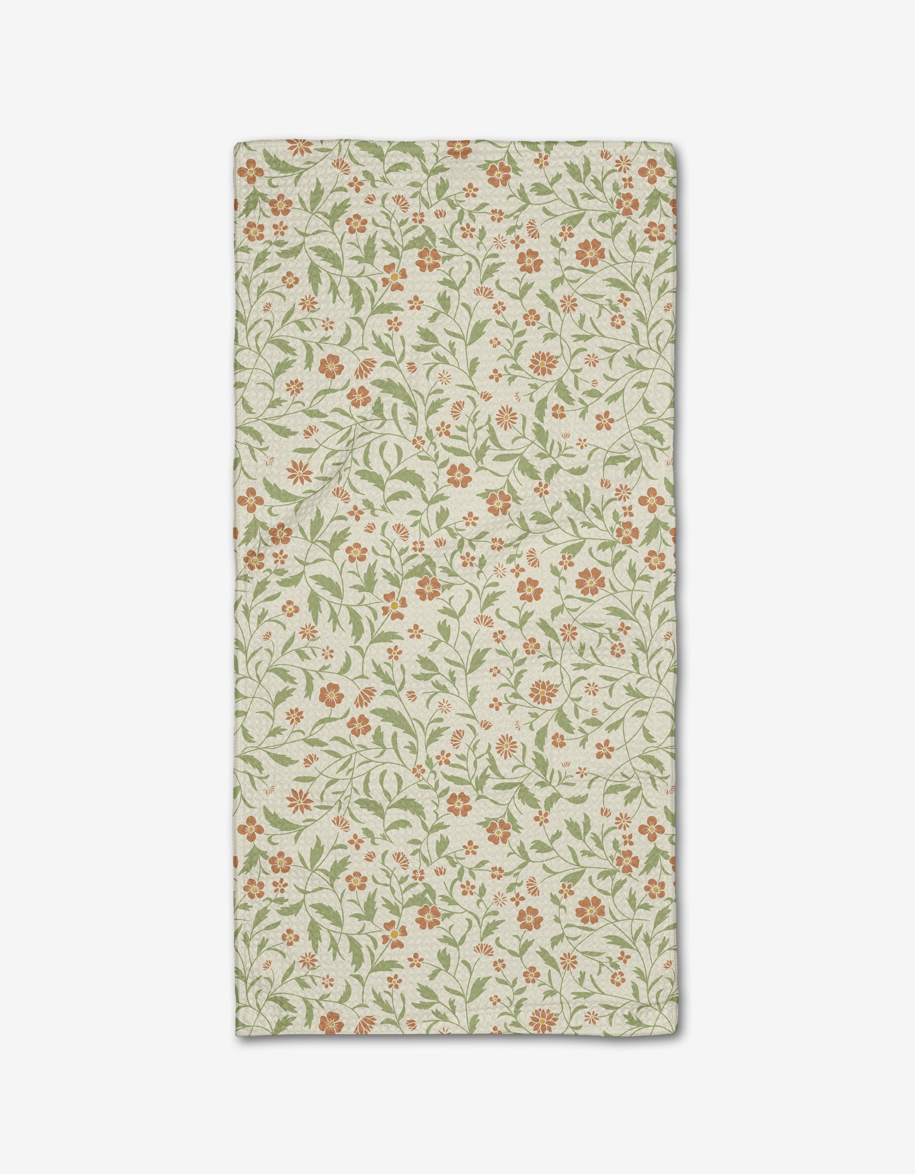 The Hawthorns Bar Towel by Danelys Sidron is rectangular, beige, and made from recycled materials, showcasing an all-over floral design with small orange flowers and green leafy vines, shown flat on a white background.