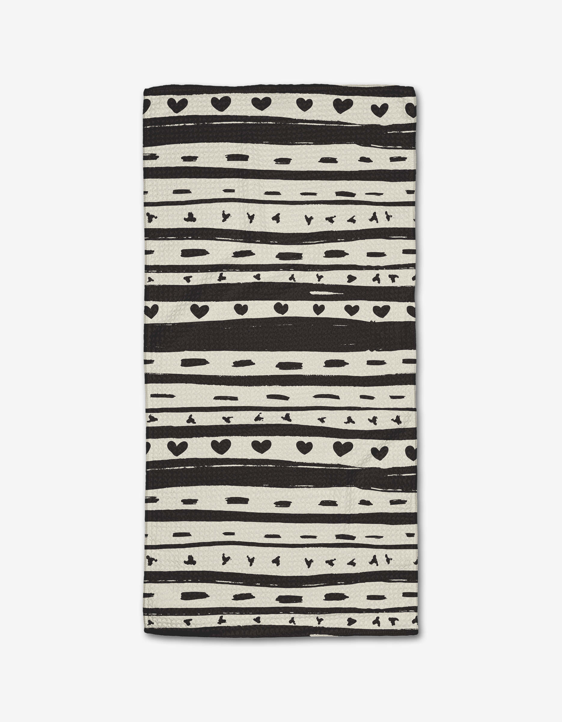 The Danelys Sidron Heartstring Bar Towel features black and white horizontal stripes with hearts, dots, and lines on a white background, crafted from ultra-absorbent Geoweave fabric.