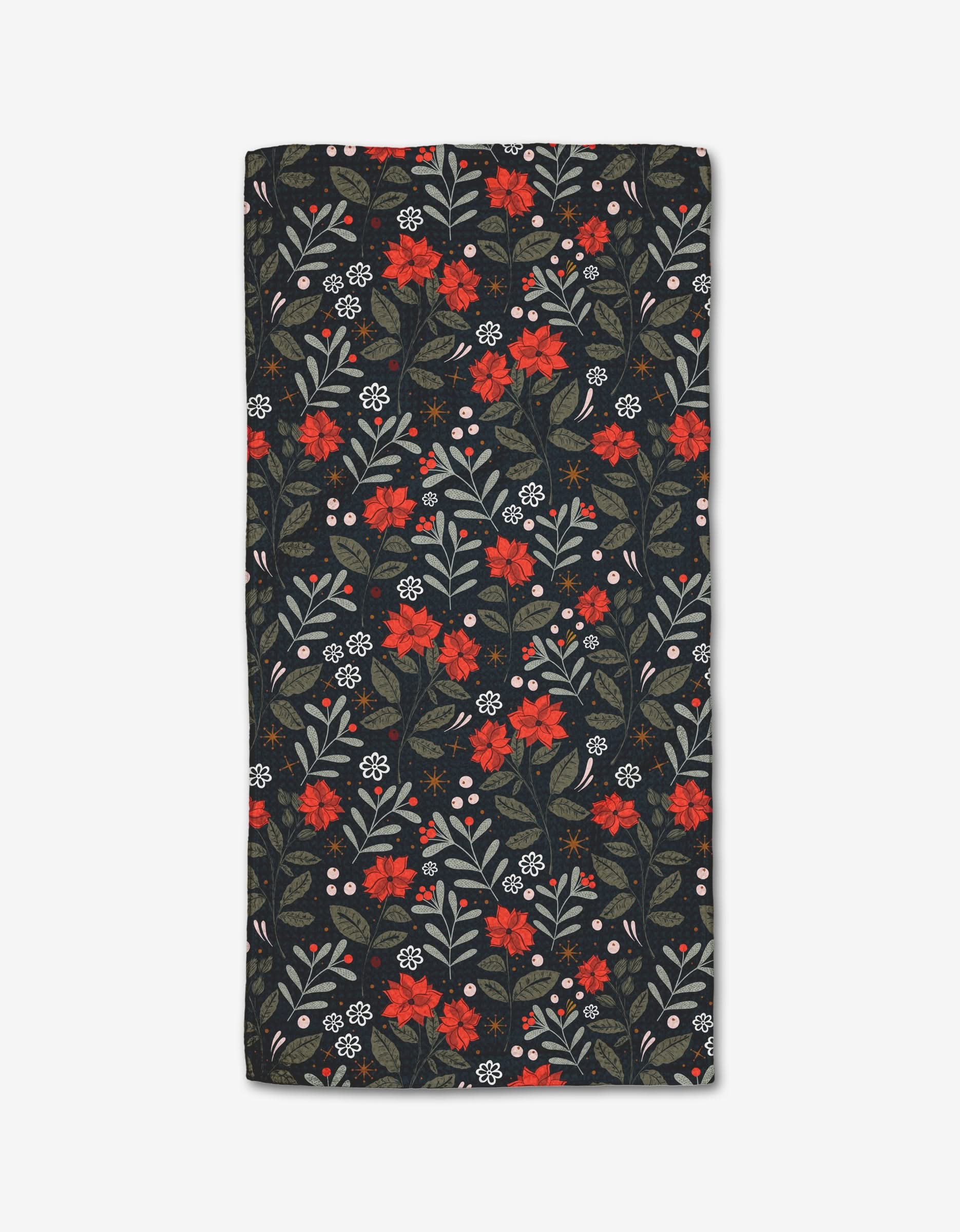 The Holiday Florals Rectangular Bar Towel by Charlie Rowan Designs features a dark backdrop with a dense, symmetrical floral pattern in red, white, and pink with green leaves. Crafted from premium Geoweave fabric for top absorbency and durability.