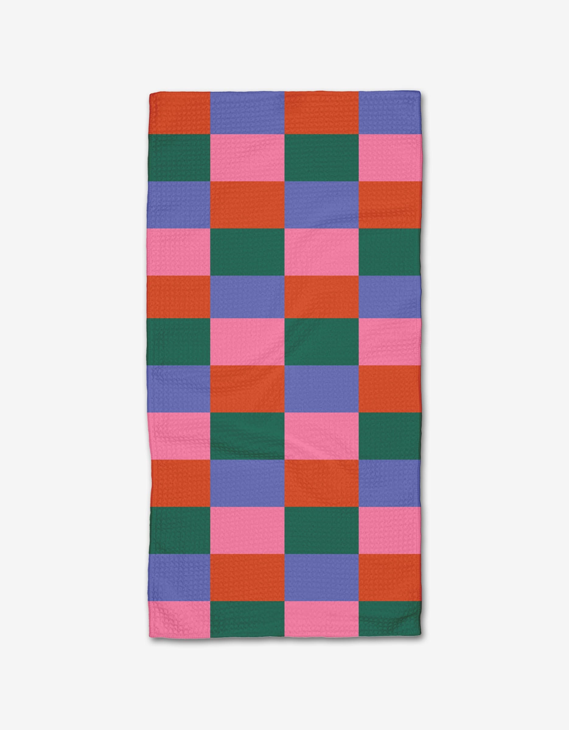 The Holiday Patchwork by Laura Supnik features a rectangular quilt with a red, pink, purple, and green checkerboard on white, crafted from recycled materials.
