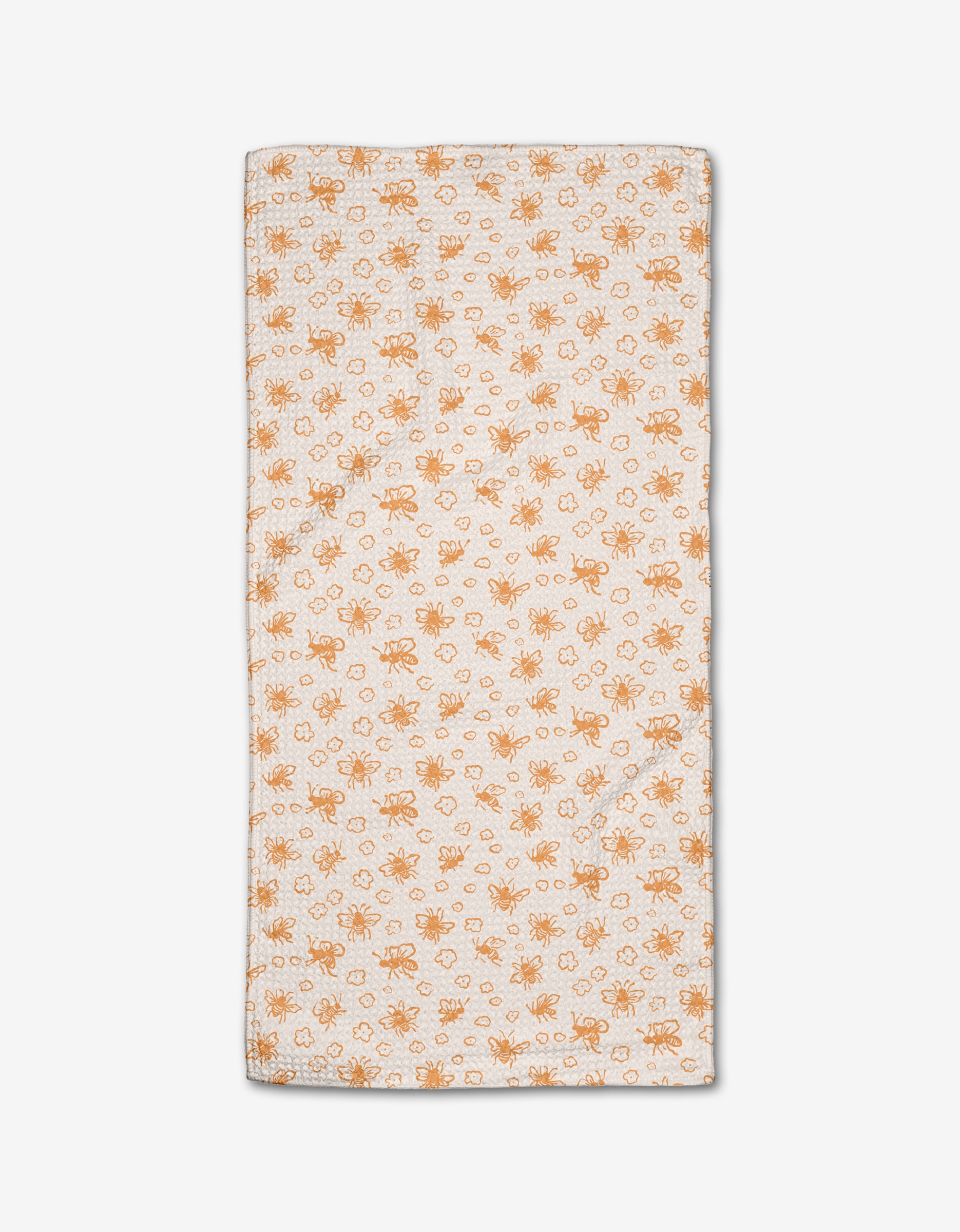 The Honey Bee Bar Towel by Kayla Ann is rectangular and white, featuring an orange floral and leaf pattern with neatly stitched edges, displayed flat on a white background.
